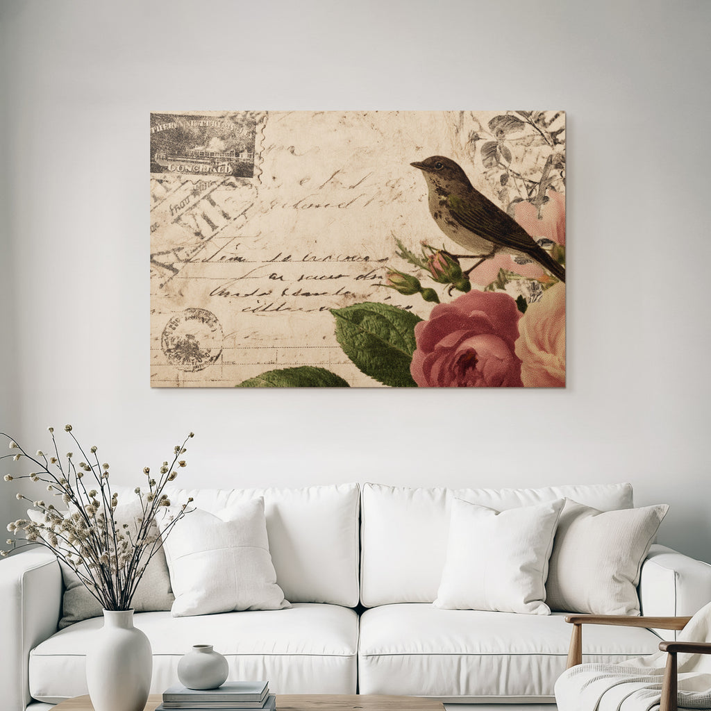 Vintage Und Shabby Vintage Postkarte Vogel Rosen Handschrift