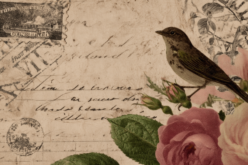 Vintage Und Shabby Vintage Postkarte Vogel Rosen Handschrift | Vintage Shabby | Einrichtungsstile
