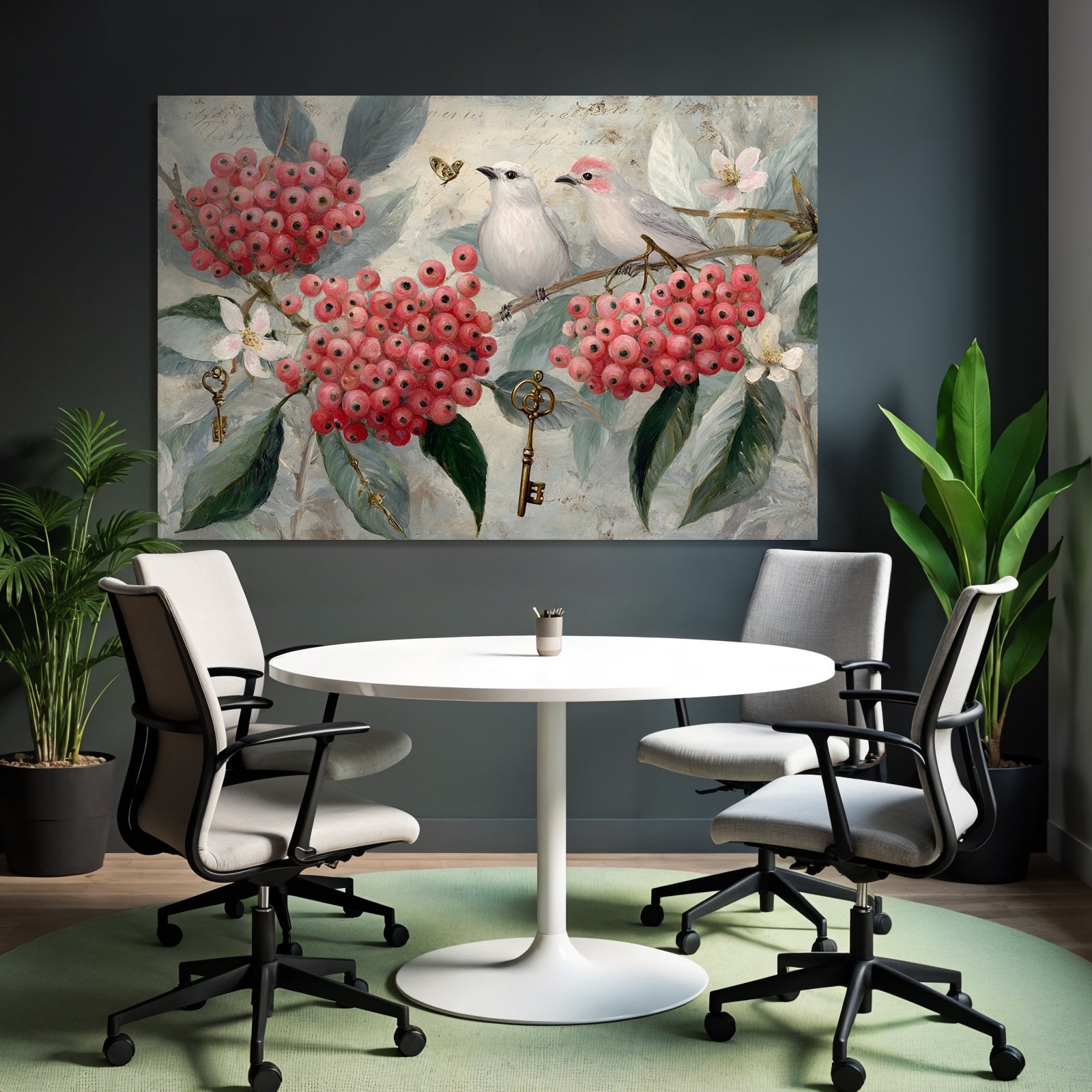 Vintage and shabby birds with berries and flowers soft background