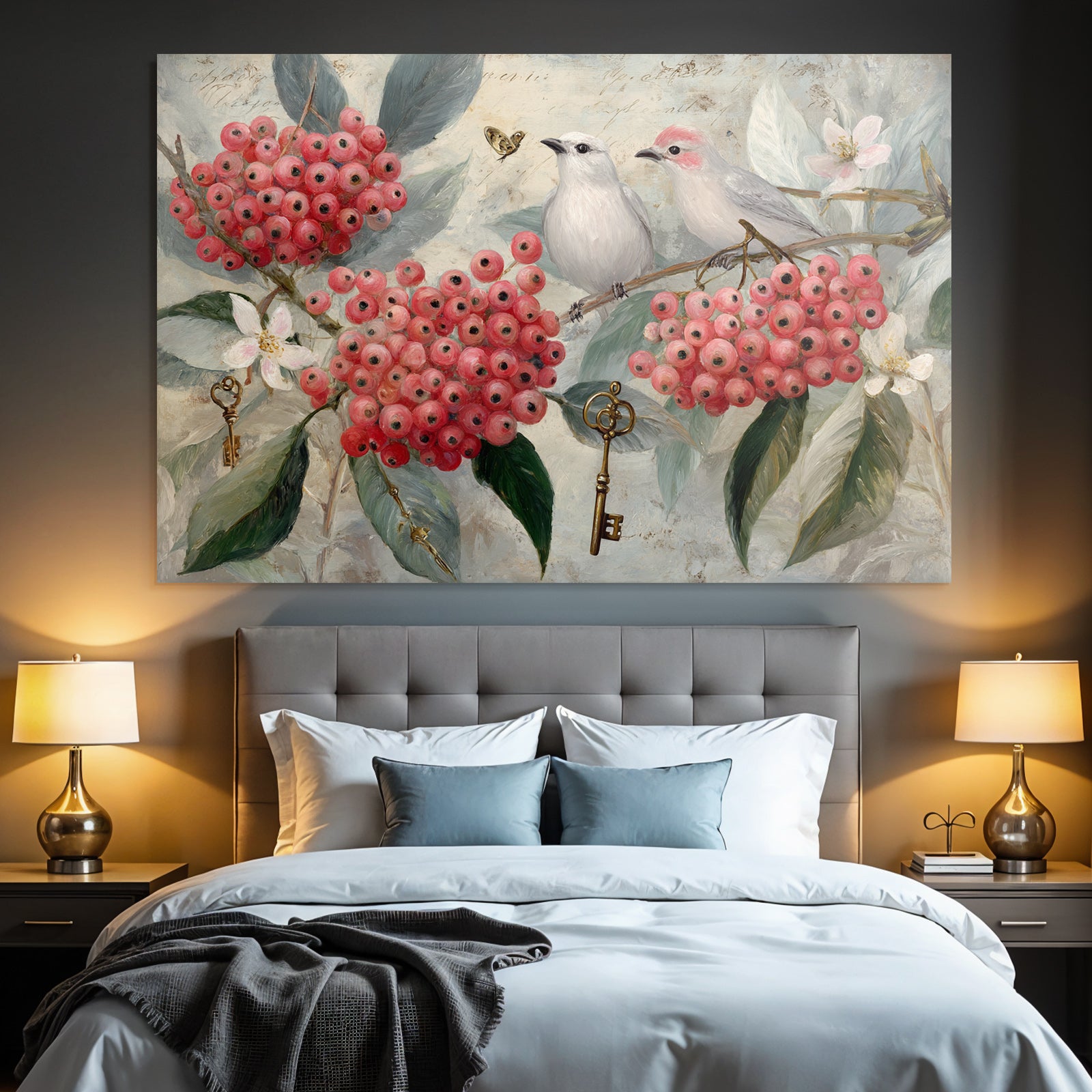Vintage and shabby birds with berries and flowers soft background