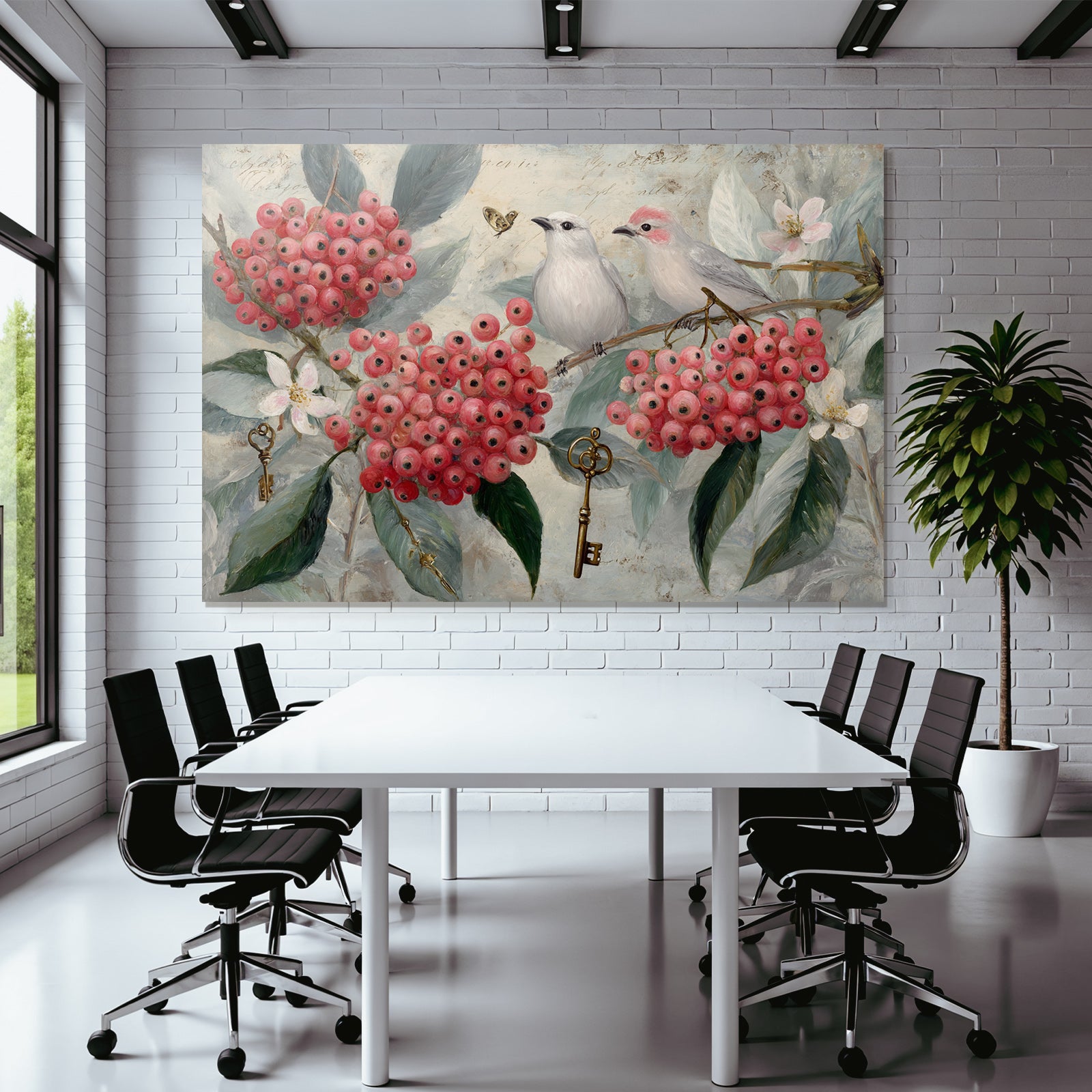 Vintage and shabby birds with berries and flowers soft background