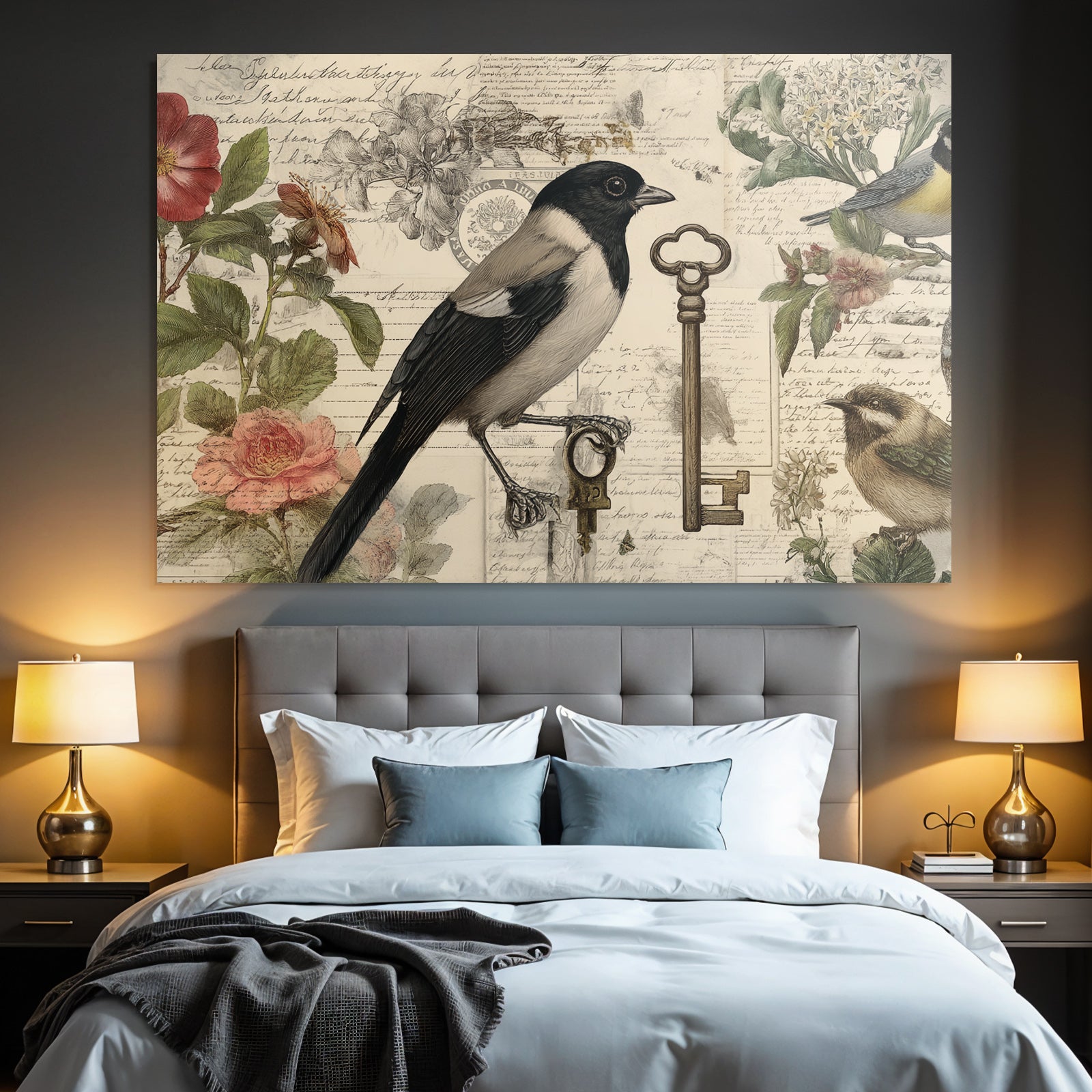 Vintage and shabby birds and flowers vintage elements nostalgic illustration
