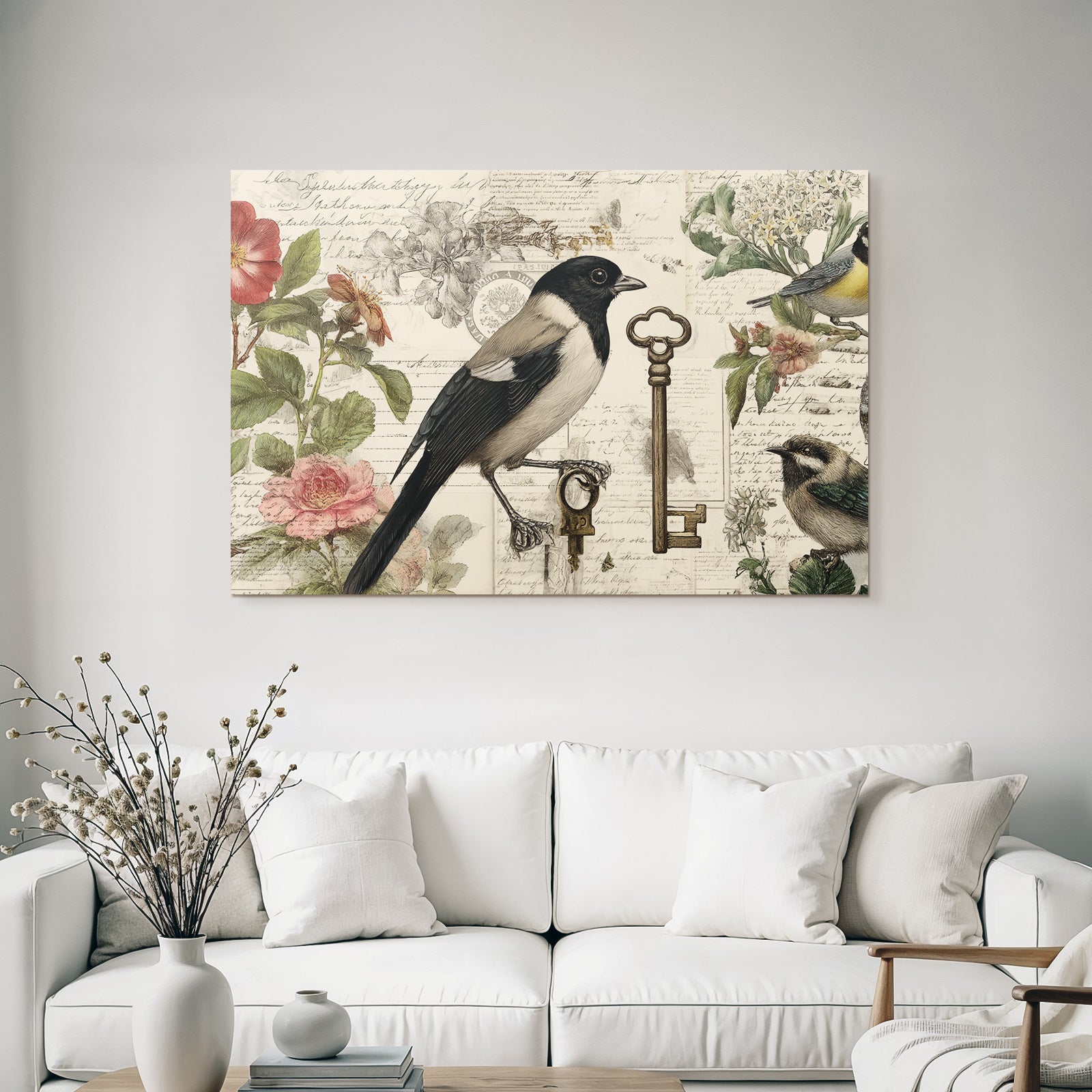 Vintage and shabby birds and flowers vintage elements nostalgic illustration