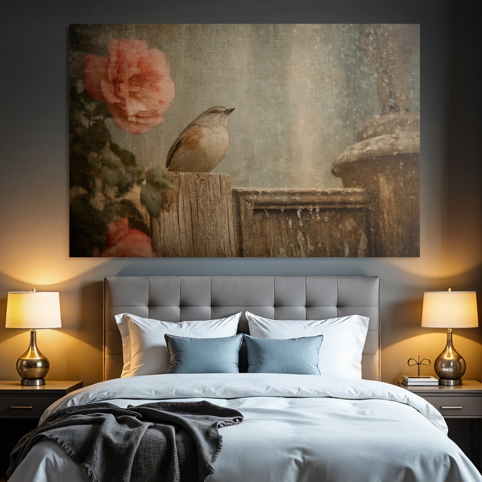 Vintage and shabby bird on wood roses water background