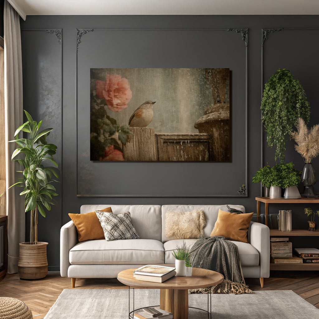 Vintage Und Shabby Vogel Auf Holz Rosen Wasser Hintergrund