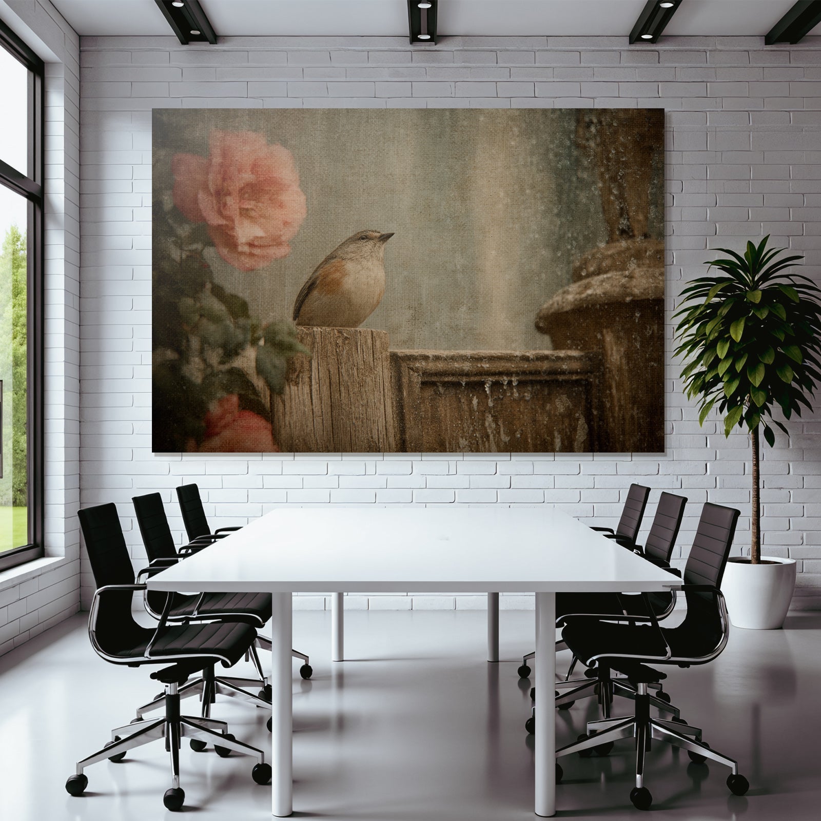 Vintage and shabby bird on wood roses water background
