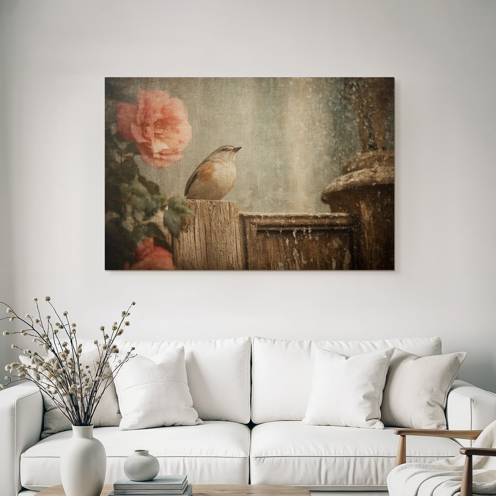 Vintage and shabby bird on wood roses water background