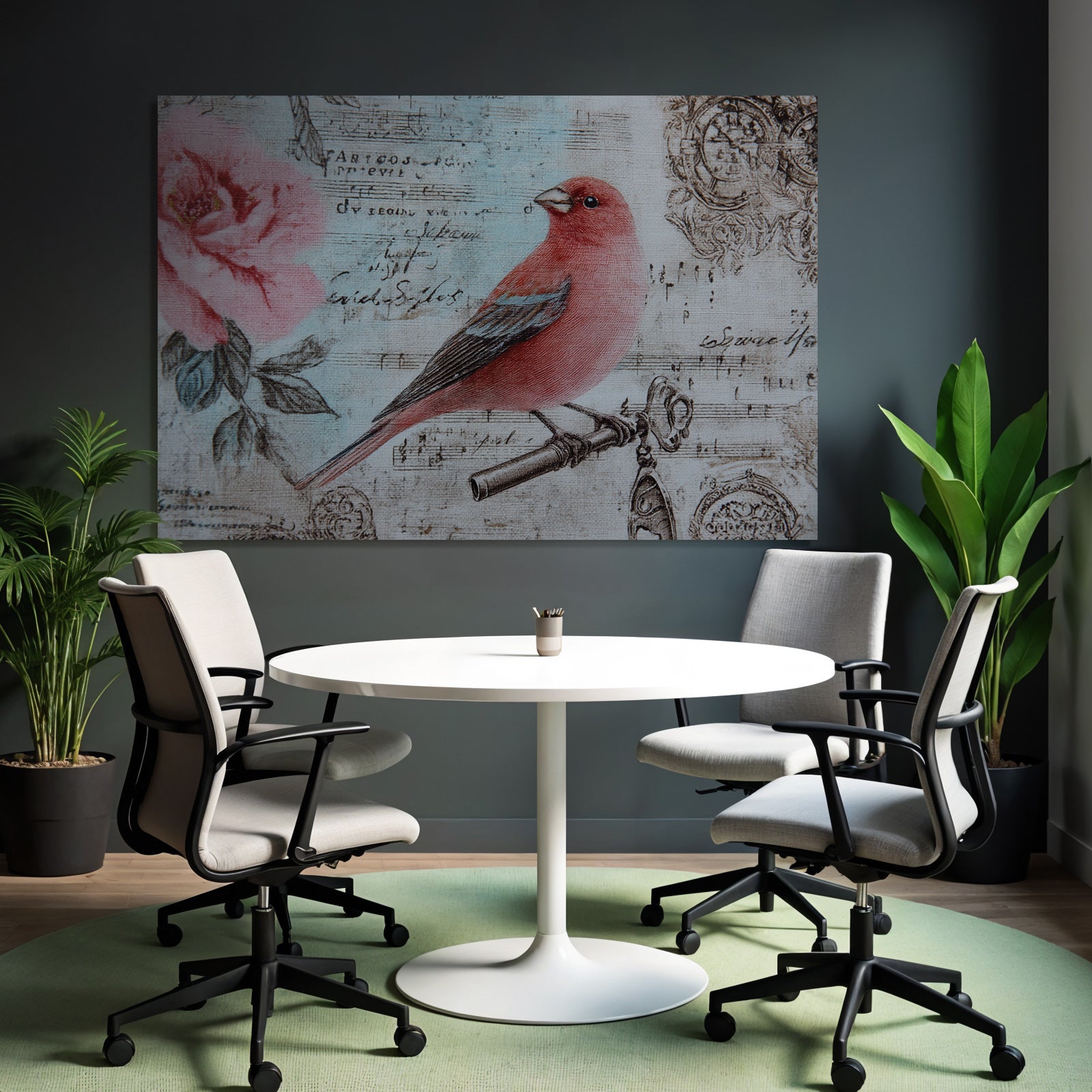 Vintage and shabby bird on box key flowers decorative sheet music