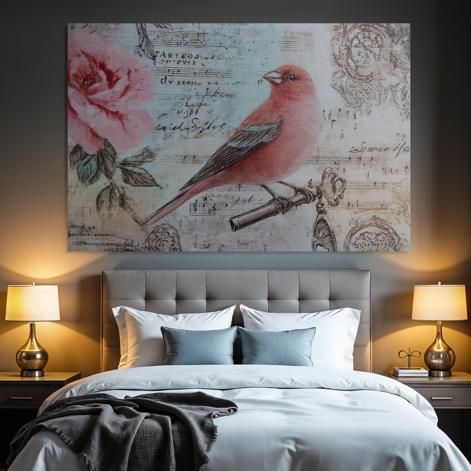 Vintage and shabby bird on box key flowers decorative sheet music
