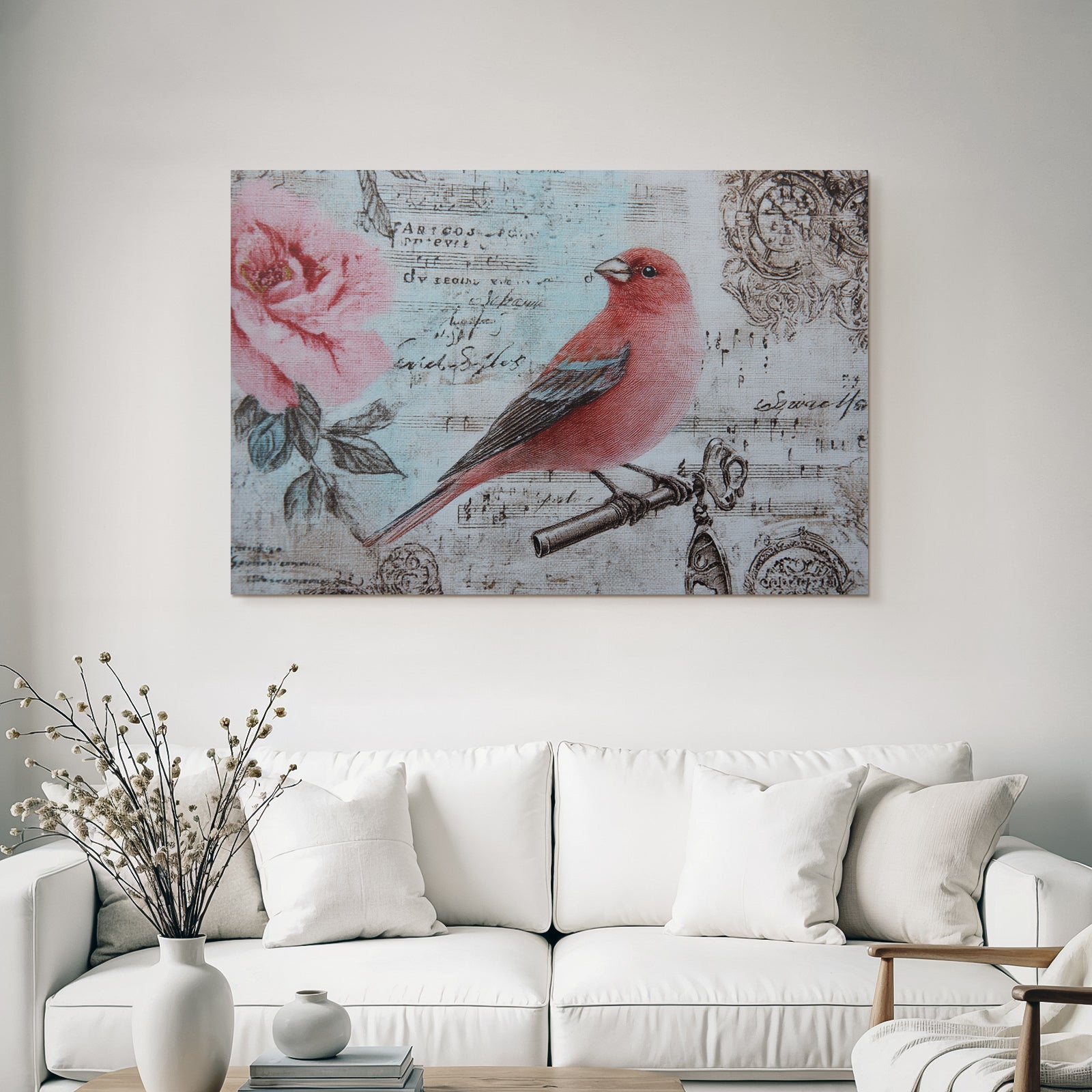 Vintage and shabby bird on box key flowers decorative sheet music