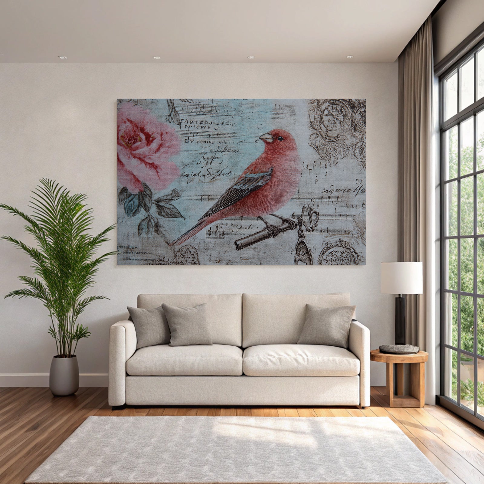 Vintage and shabby bird on box key flowers decorative sheet music