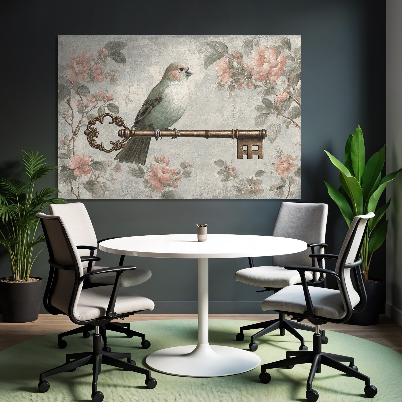 Vintage and shabby bird on ornamental flower motifs