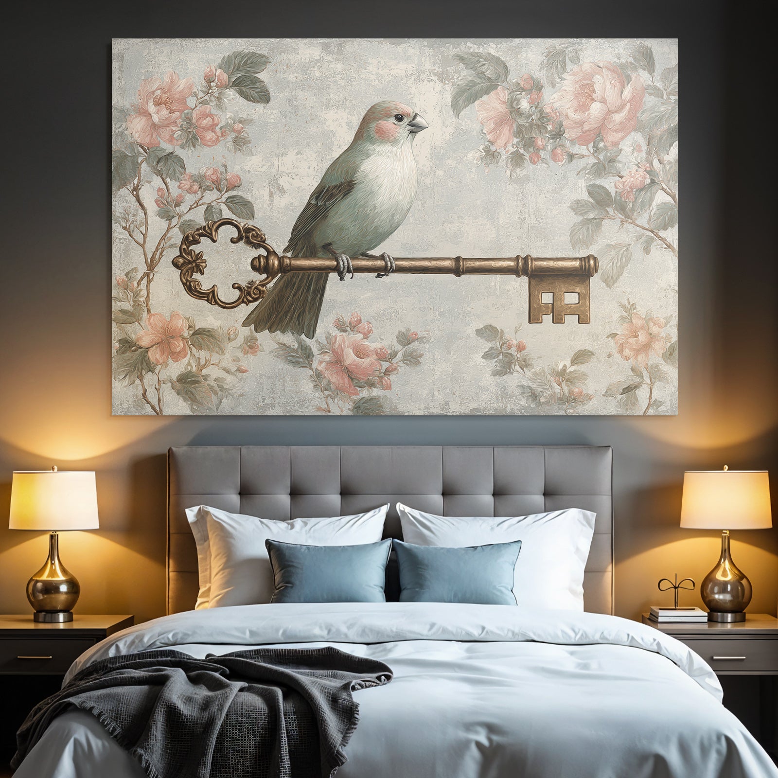 Vintage and shabby bird on ornamental flower motifs