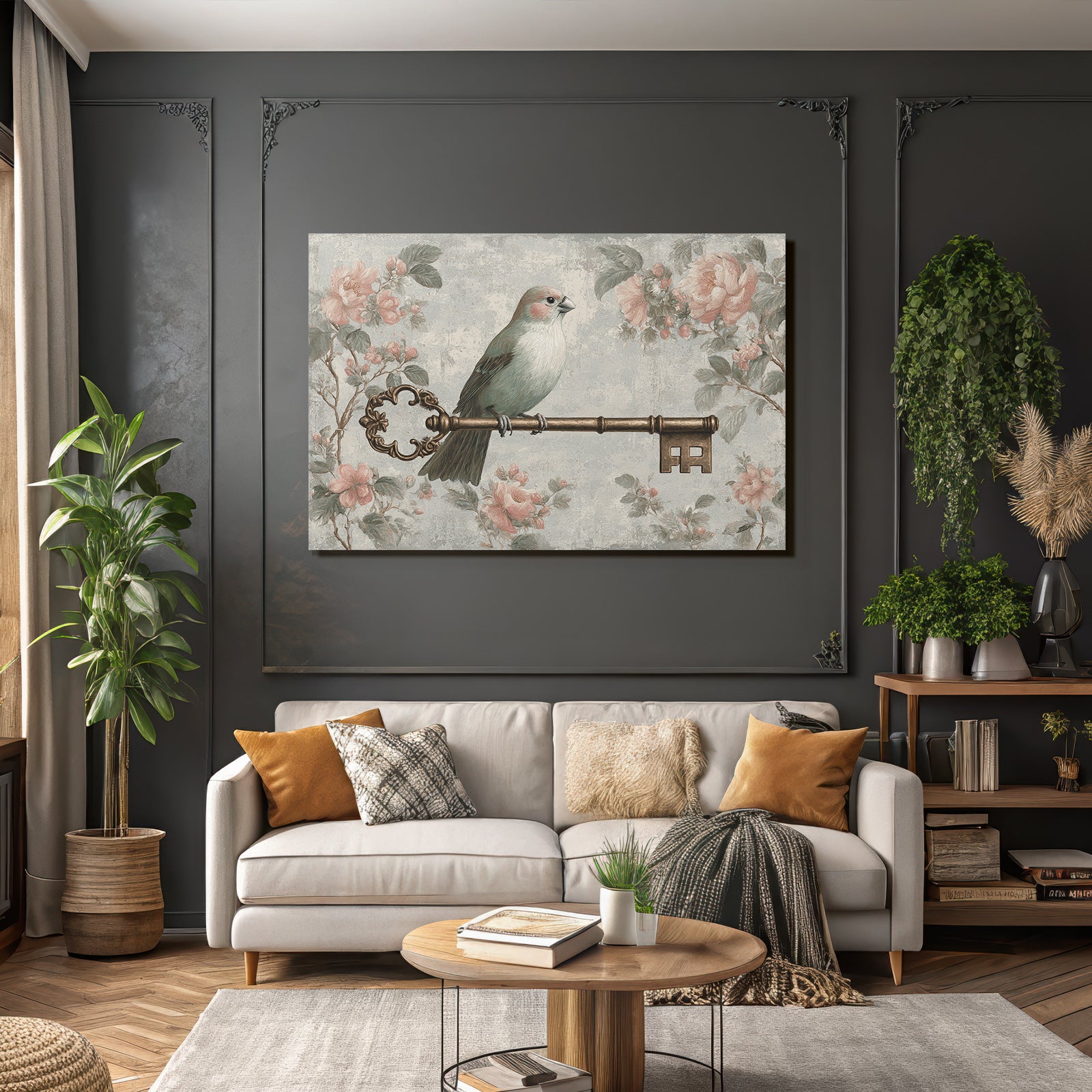 Vintage and shabby bird on ornamental flower motifs