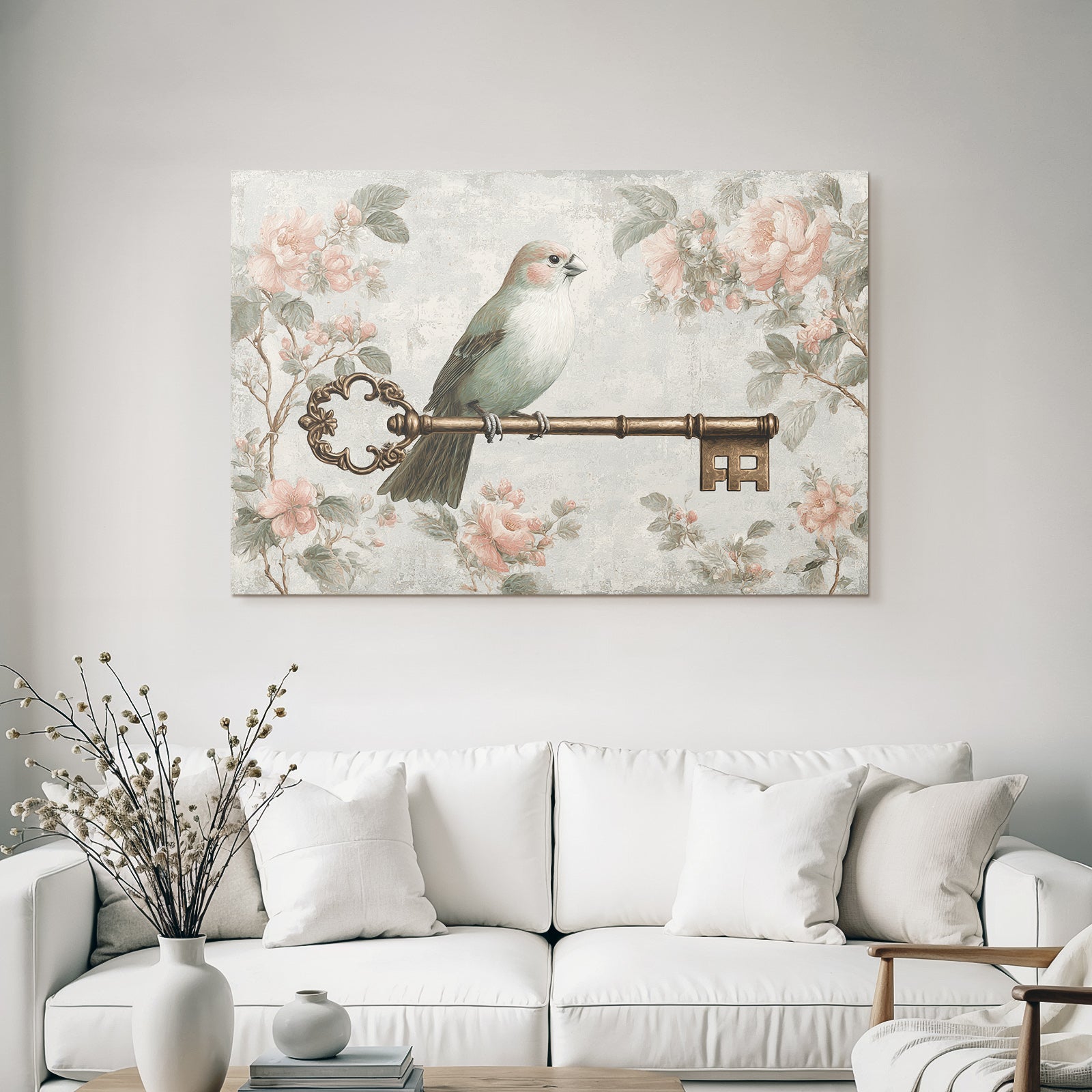 Vintage and shabby bird on ornamental flower motifs