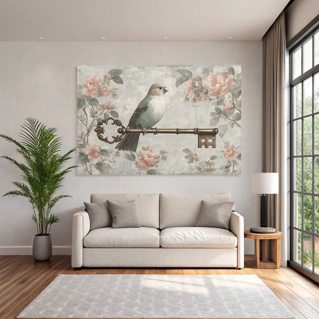 Vintage and shabby bird on ornamental flower motifs