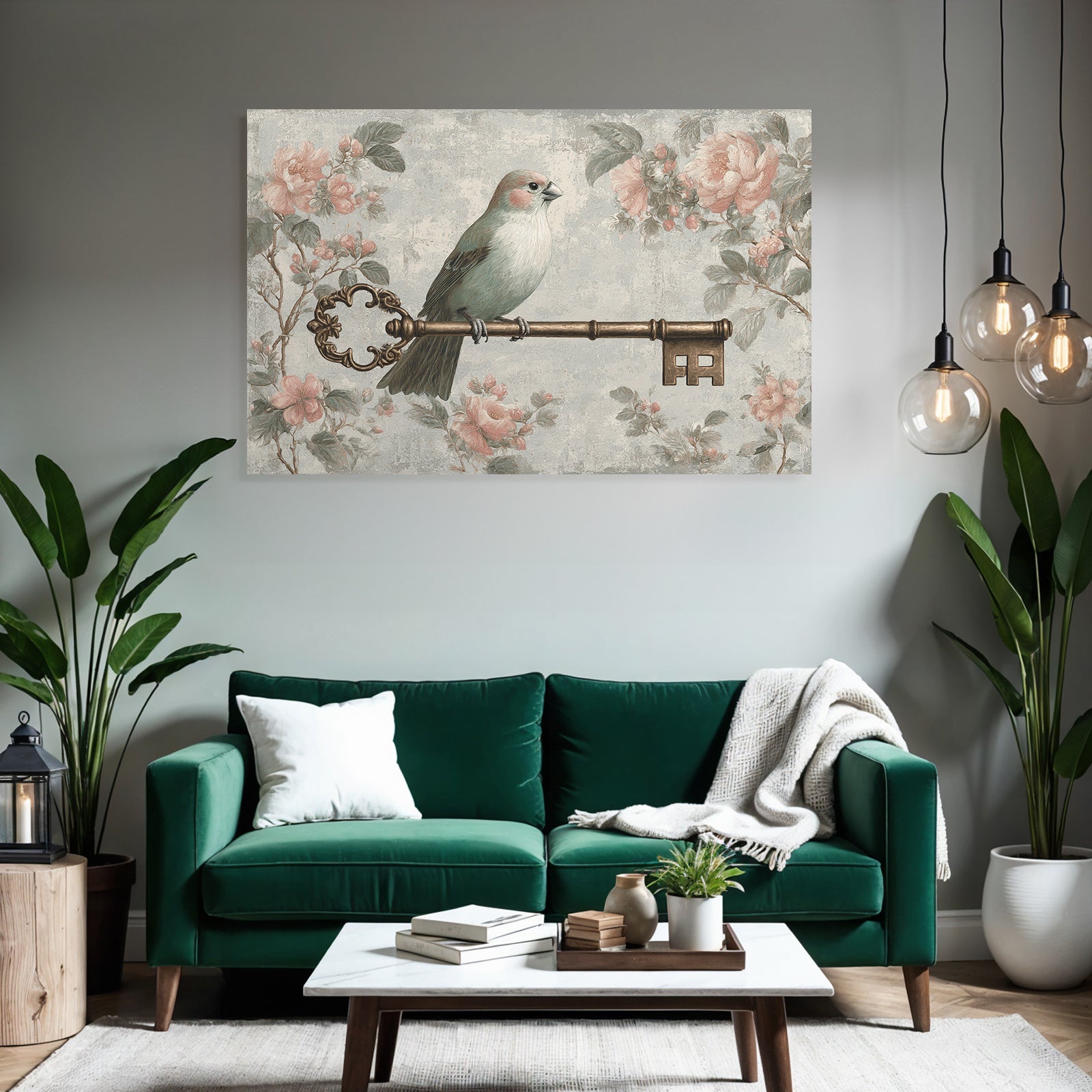Vintage and shabby bird on ornamental flower motifs