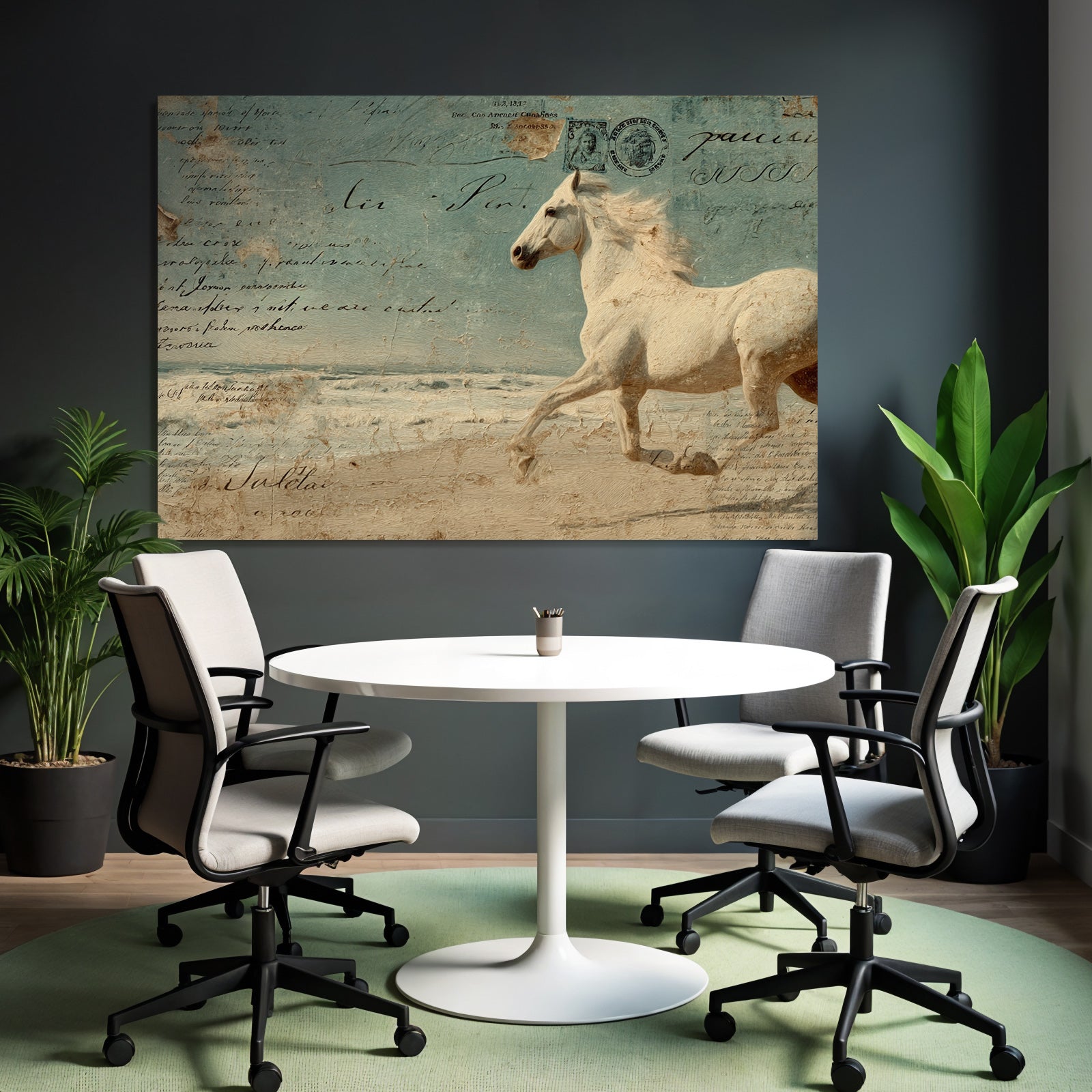 Vintage and shabby white horse on the beach background