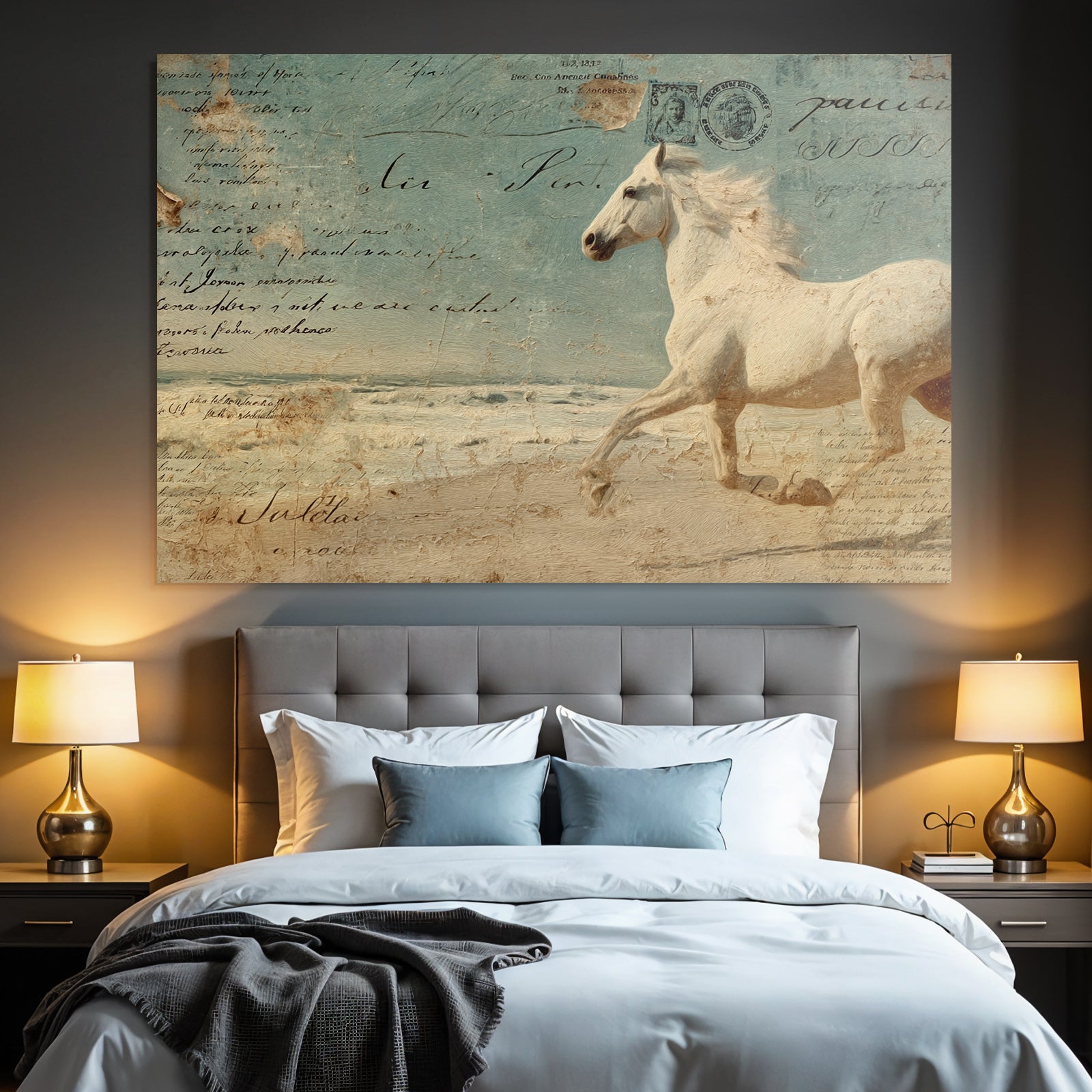 Vintage and shabby white horse on the beach background