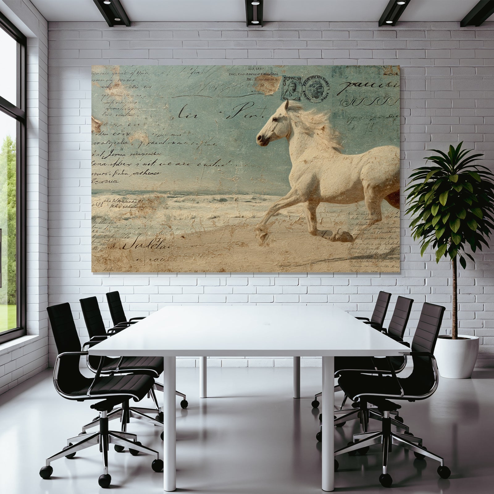 Vintage and shabby white horse on the beach background