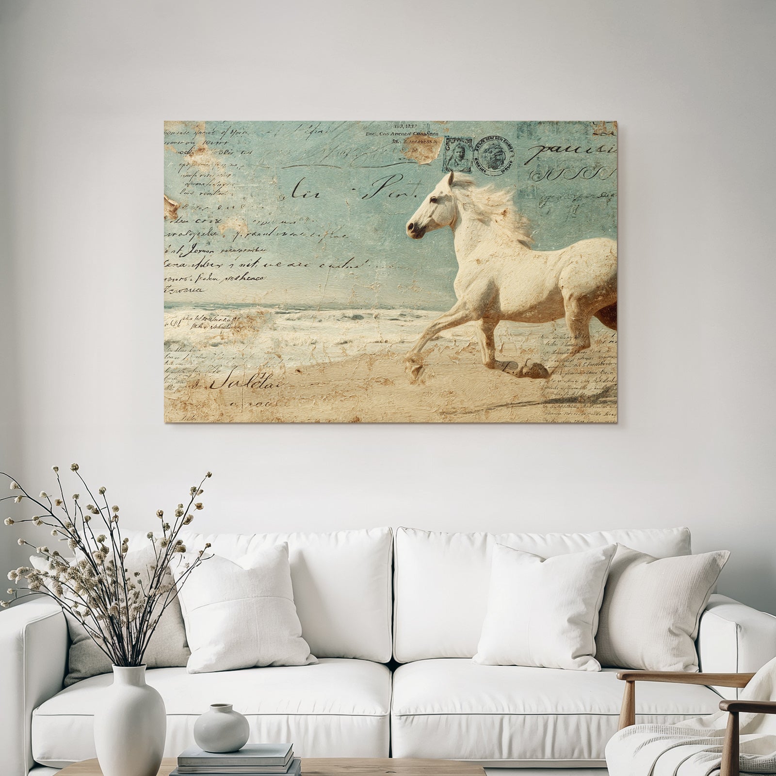 Vintage and shabby white horse on the beach background