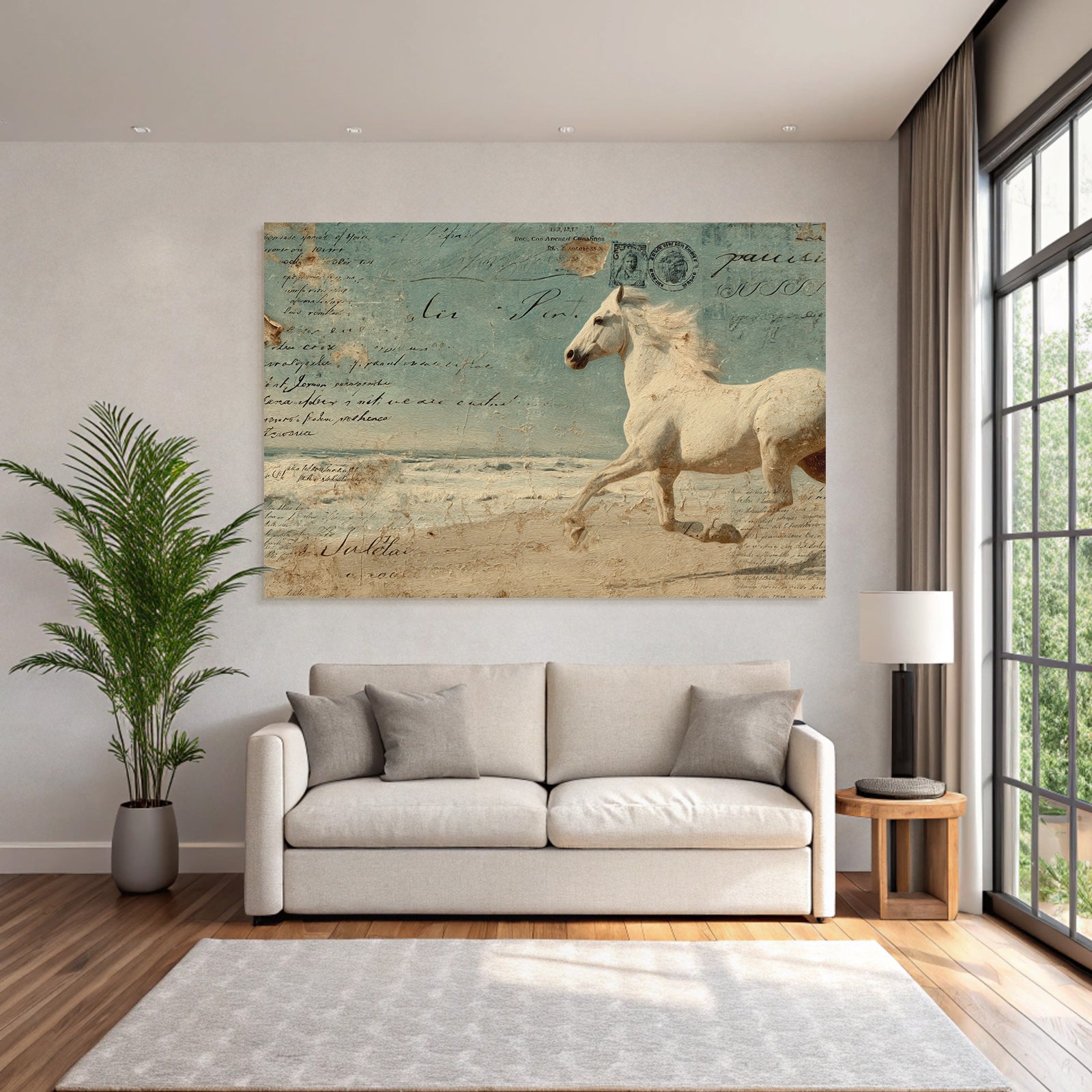 Vintage and shabby white horse on the beach background