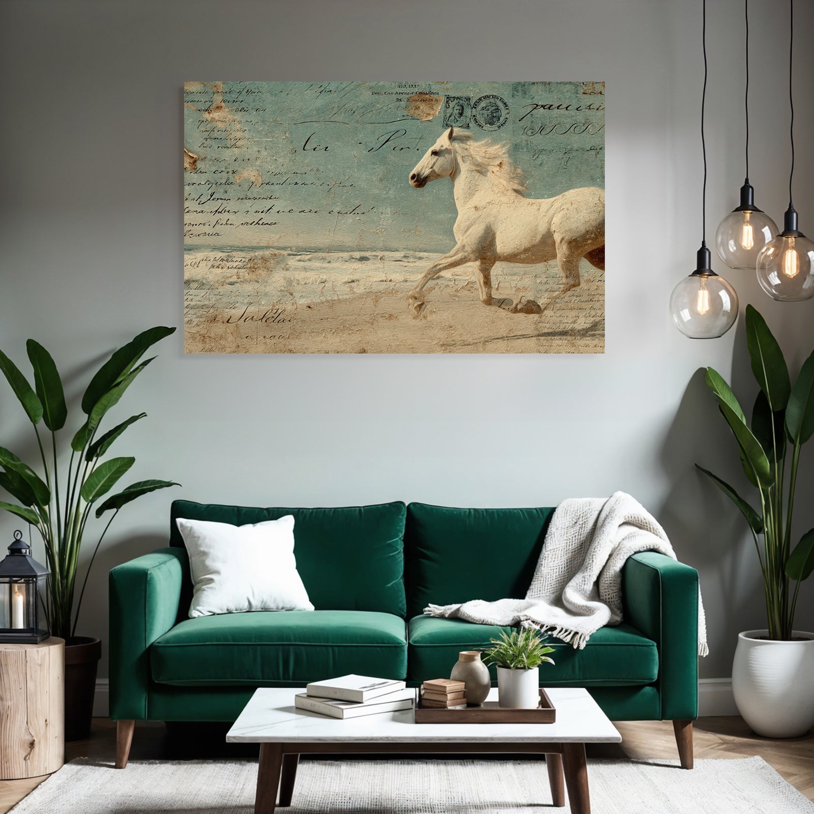 Vintage and shabby white horse on the beach background