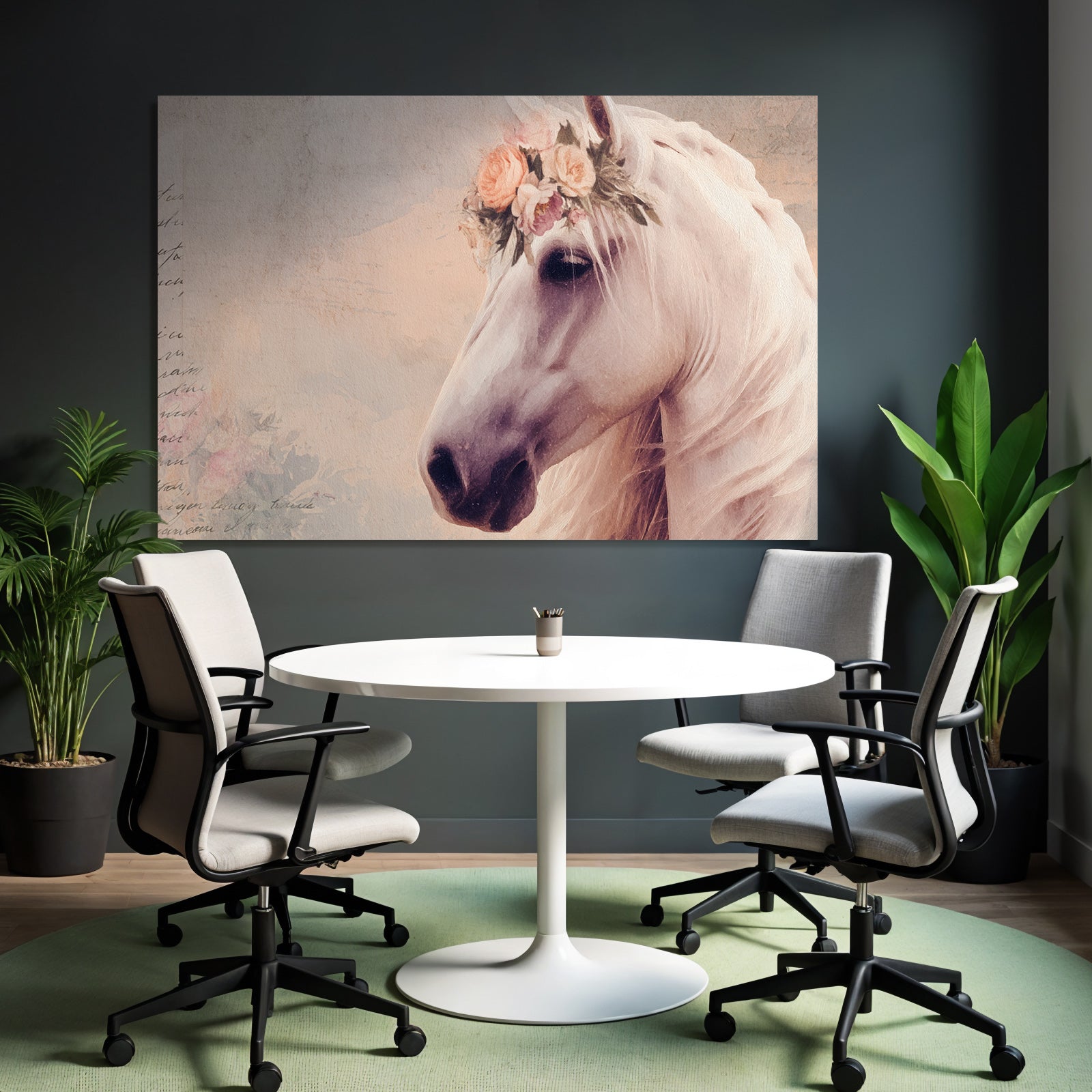 Vintage and shabby white horse with flower crown