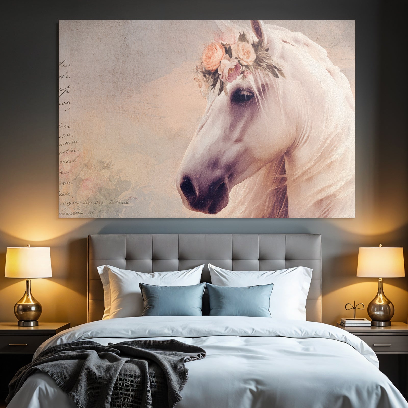 Vintage and shabby white horse with flower crown