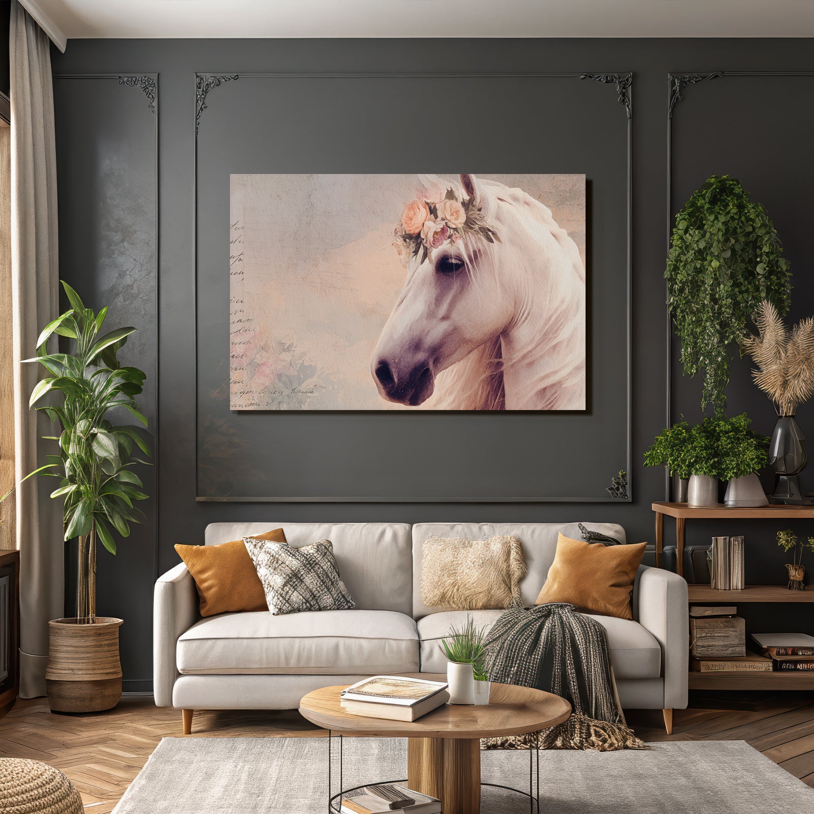 Vintage and shabby white horse with flower crown