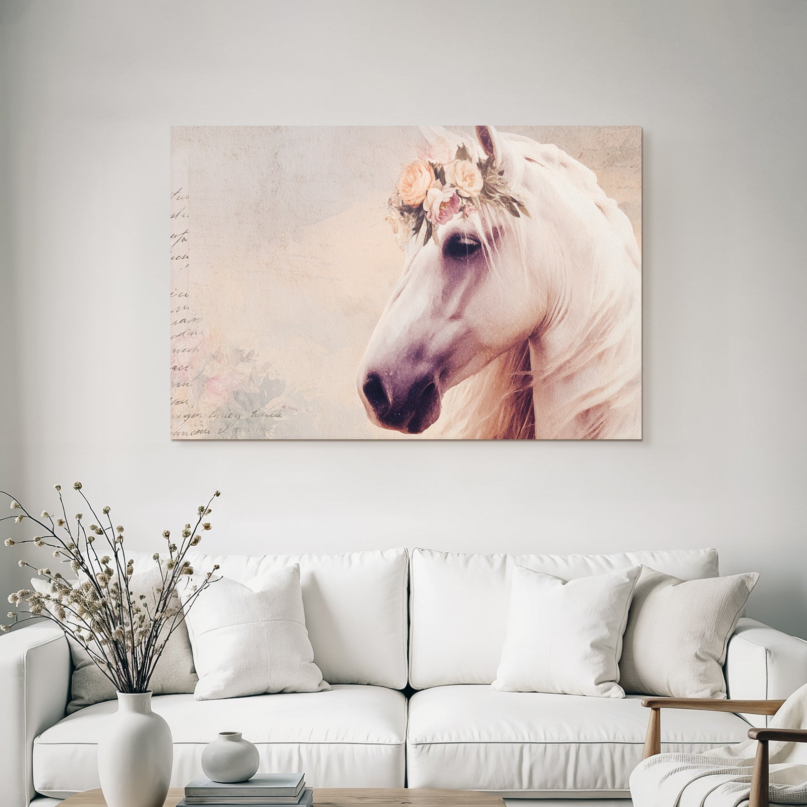 Vintage and shabby white horse with flower crown