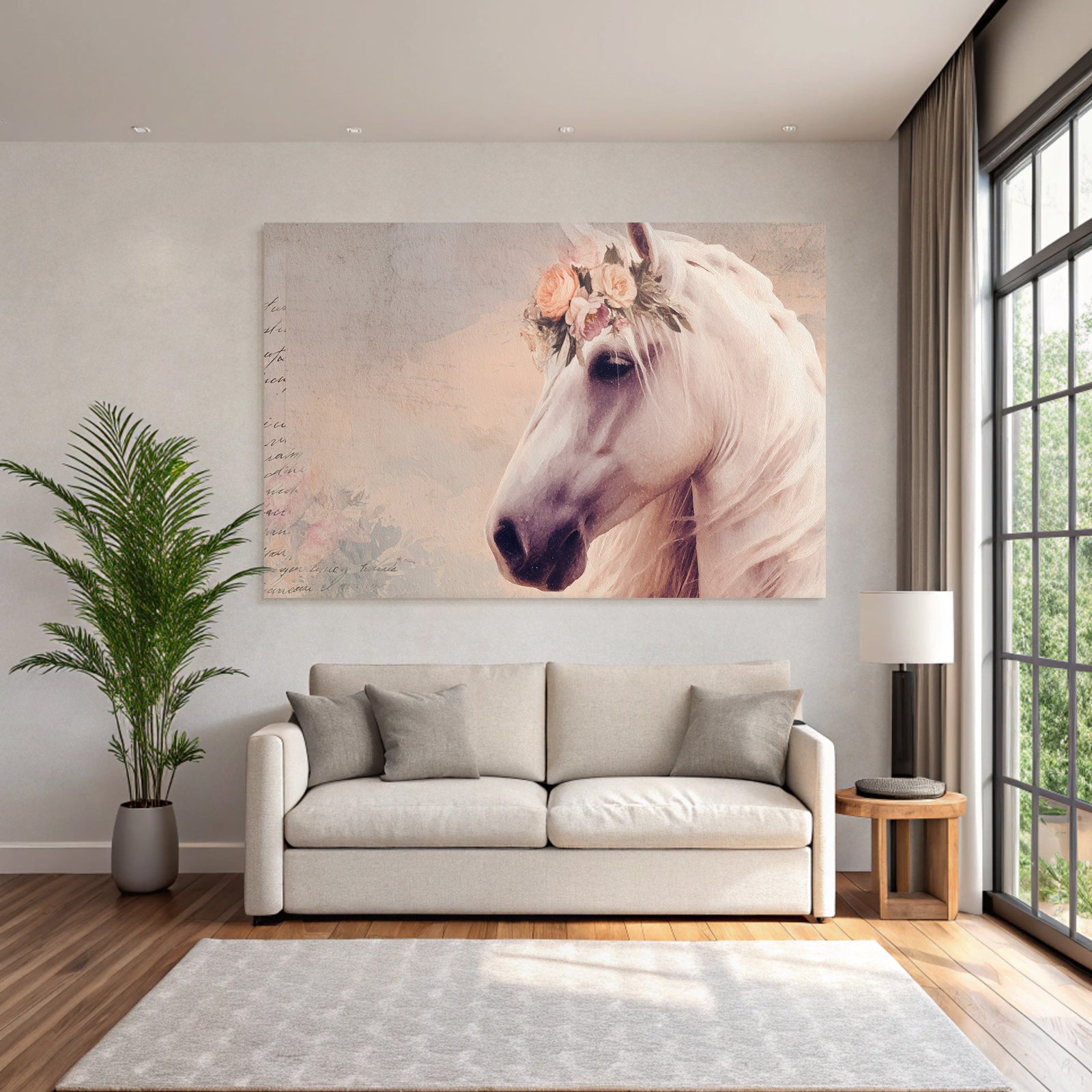 Vintage and shabby white horse with flower crown