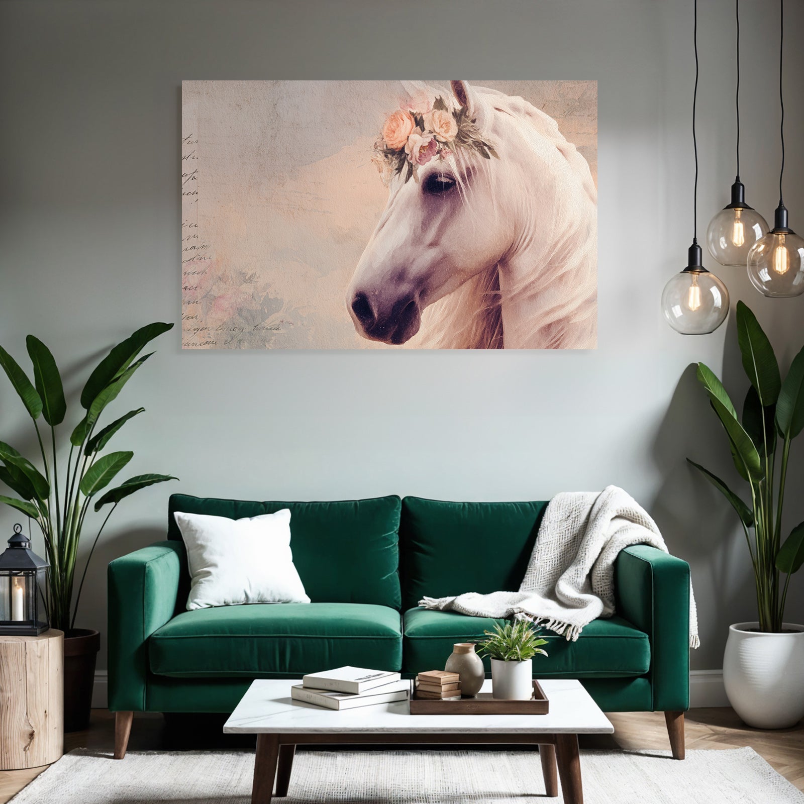 Vintage and shabby white horse with flower crown