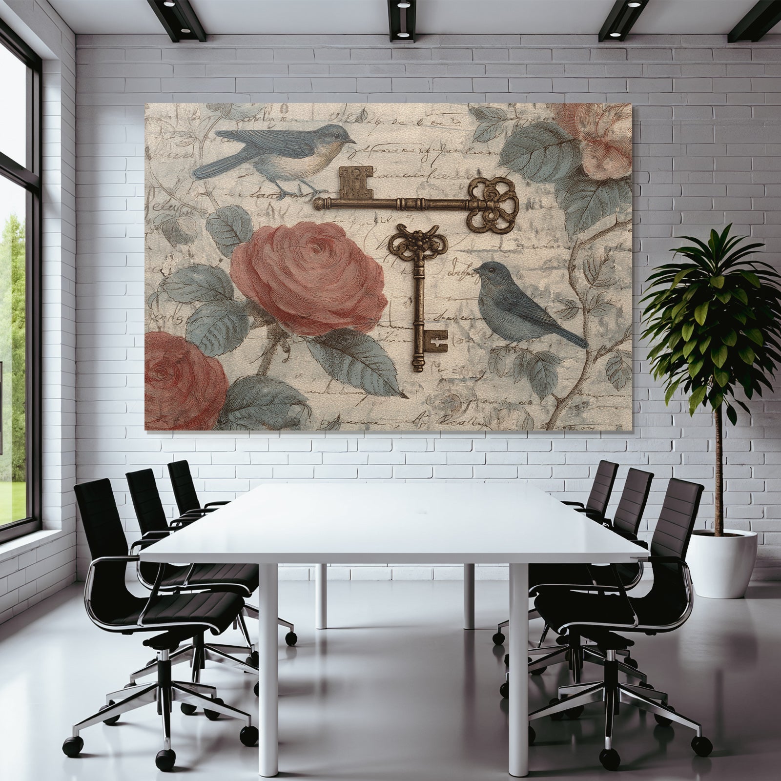 Vintage and shabby two birds roses and keys handwritten background