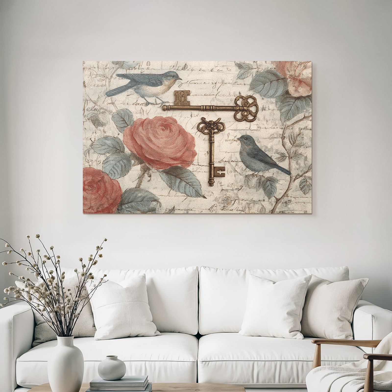 Vintage and shabby two birds roses and keys handwritten background