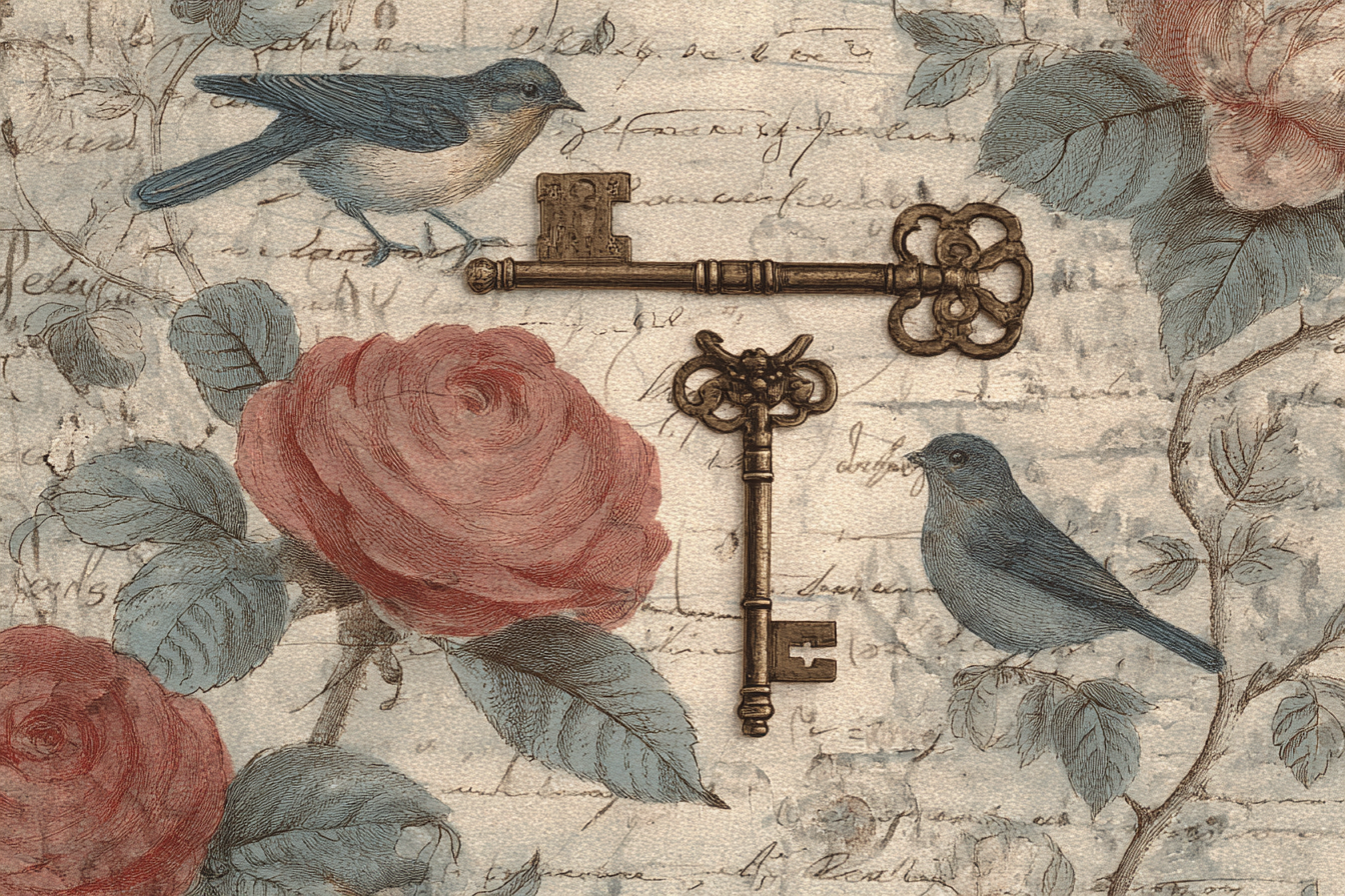 Vintage Und Shabby Zwei Voegel Rosen Und Schluessel Handgeschrieben Hintergrund | Vintage Shabby | Einrichtungsstile
