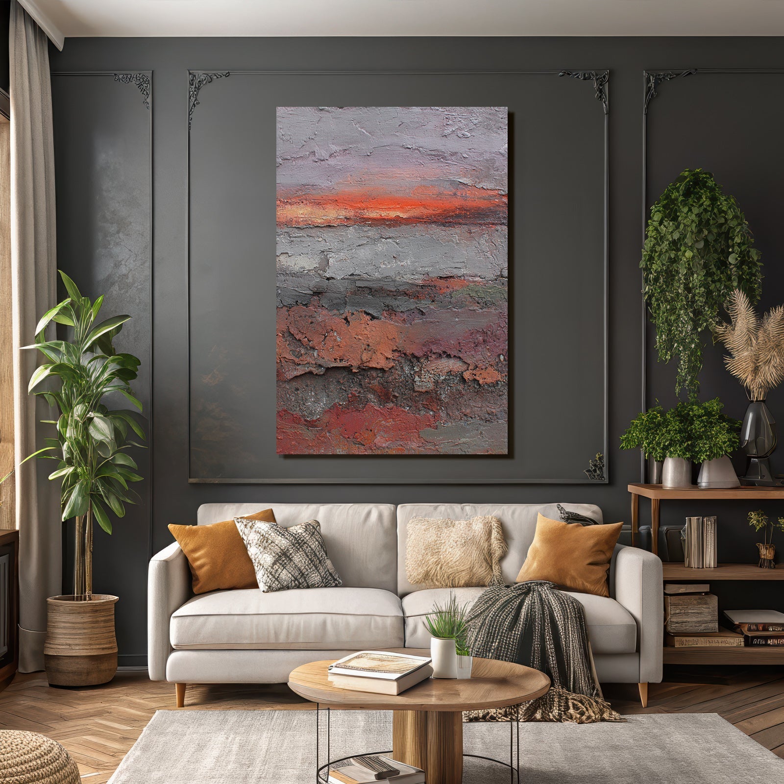 Abstrakte Landschaft Mit Textur Von Grau Rot Und Orange Sonnenaufgang Sunset