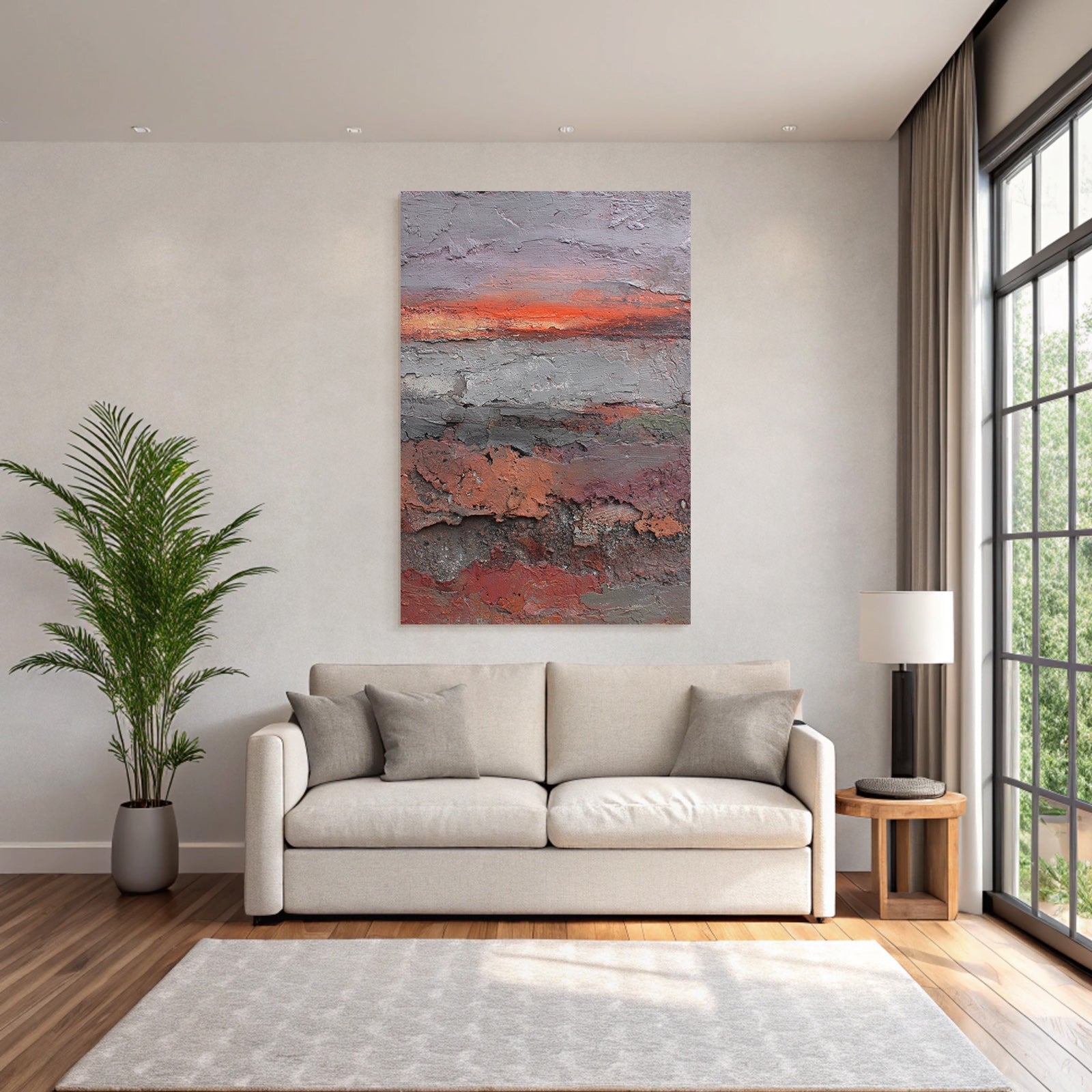 Abstrakte Landschaft Mit Textur Von Grau Rot Und Orange Sonnenaufgang Sunset
