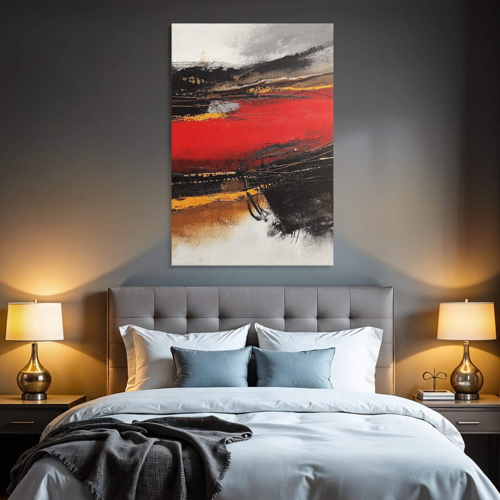Abstraktes Gemälde Mit Bold Farben Rot Schwarz Gold Grau