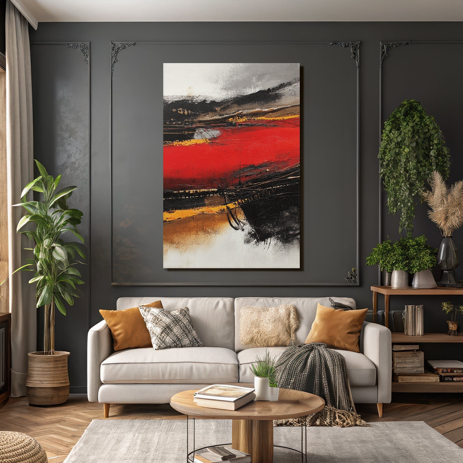 Abstraktes Gemälde Mit Bold Farben Rot Schwarz Gold Grau