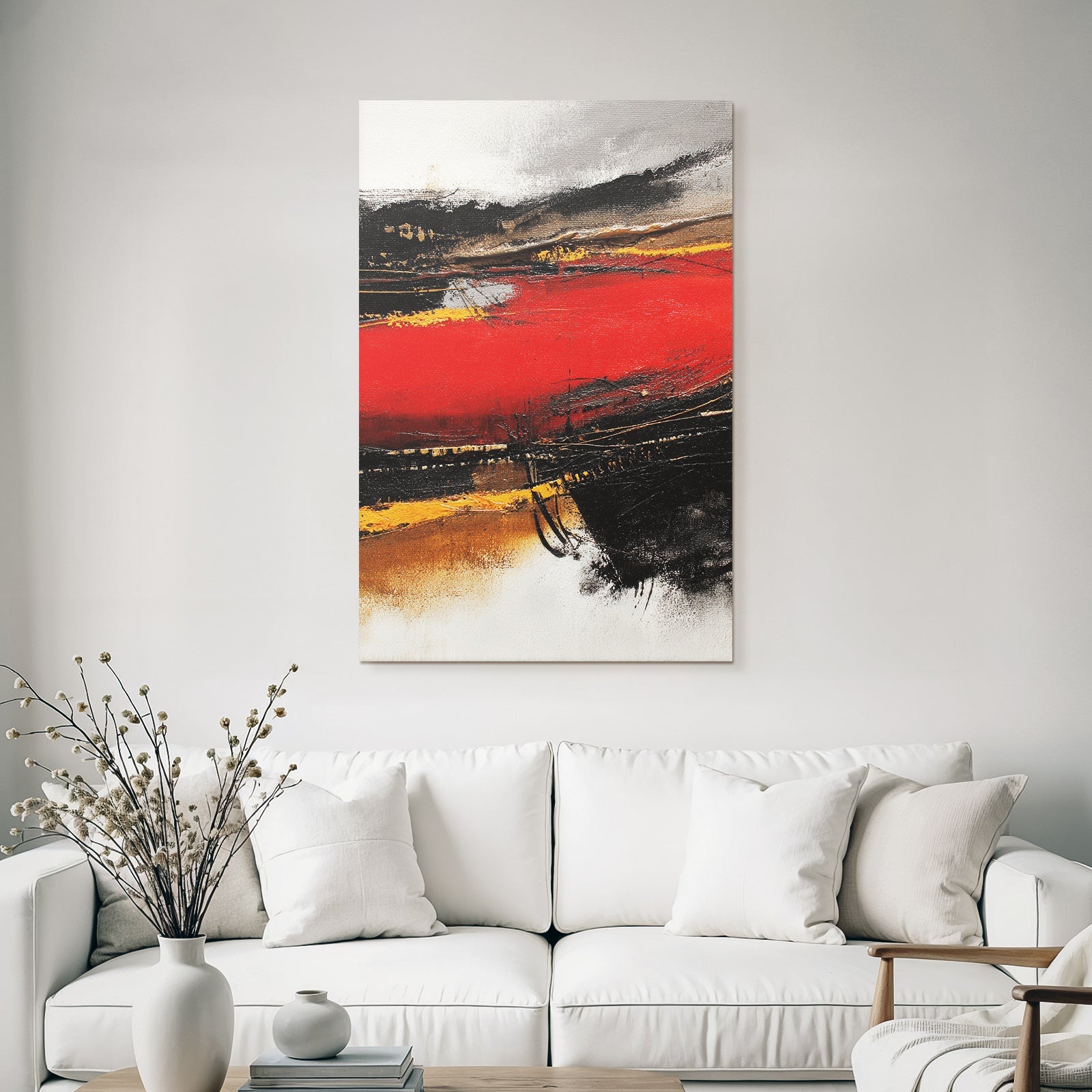 Abstraktes Gemälde Mit Bold Farben Rot Schwarz Gold Grau