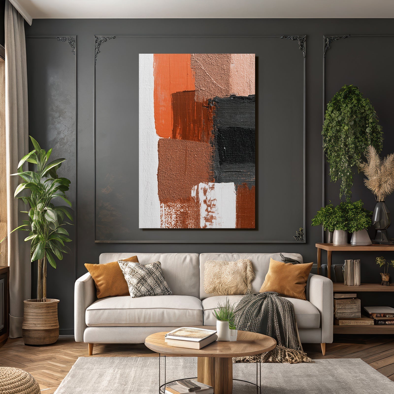 Dynamische Ausdrucksstarke Bemalung Farbe Orange Schwarz Braun Auf Weiss