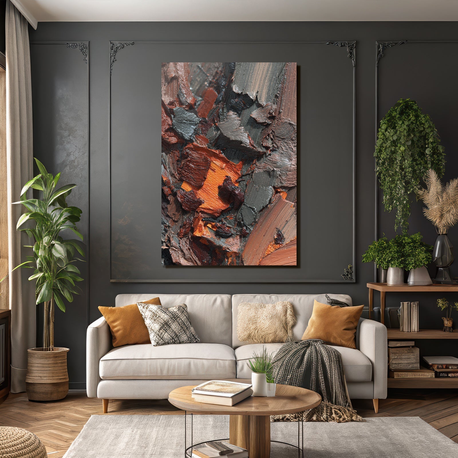 Vibrante Texturierte Farbe Abstrakte Kunst Dunkelgrau Tiefrot Helles Orange
