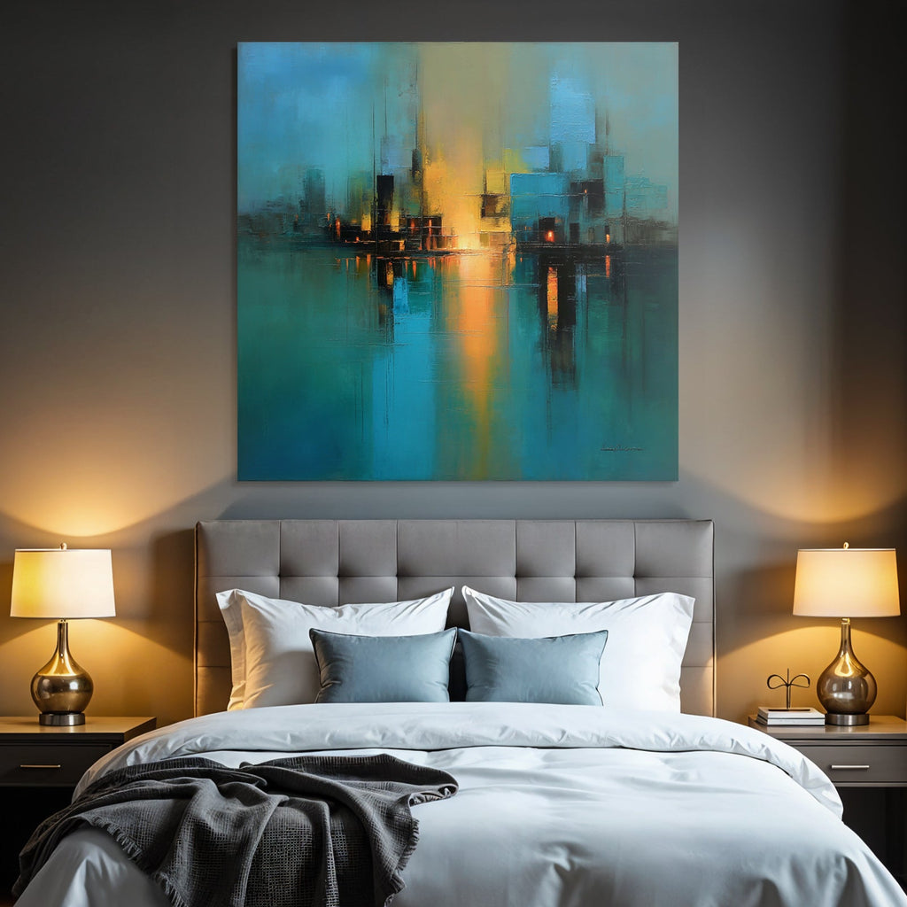 Abstraktes Gemälde Stadt Skyline Wasserfront Szene Blau Gelb Schwarz