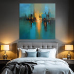 Abstraktes Gemälde Stadt Skyline Wasserfront Szene Blau Gelb Schwarz