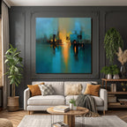 Abstraktes Gemälde Stadt Skyline Wasserfront Szene Blau Gelb Schwarz