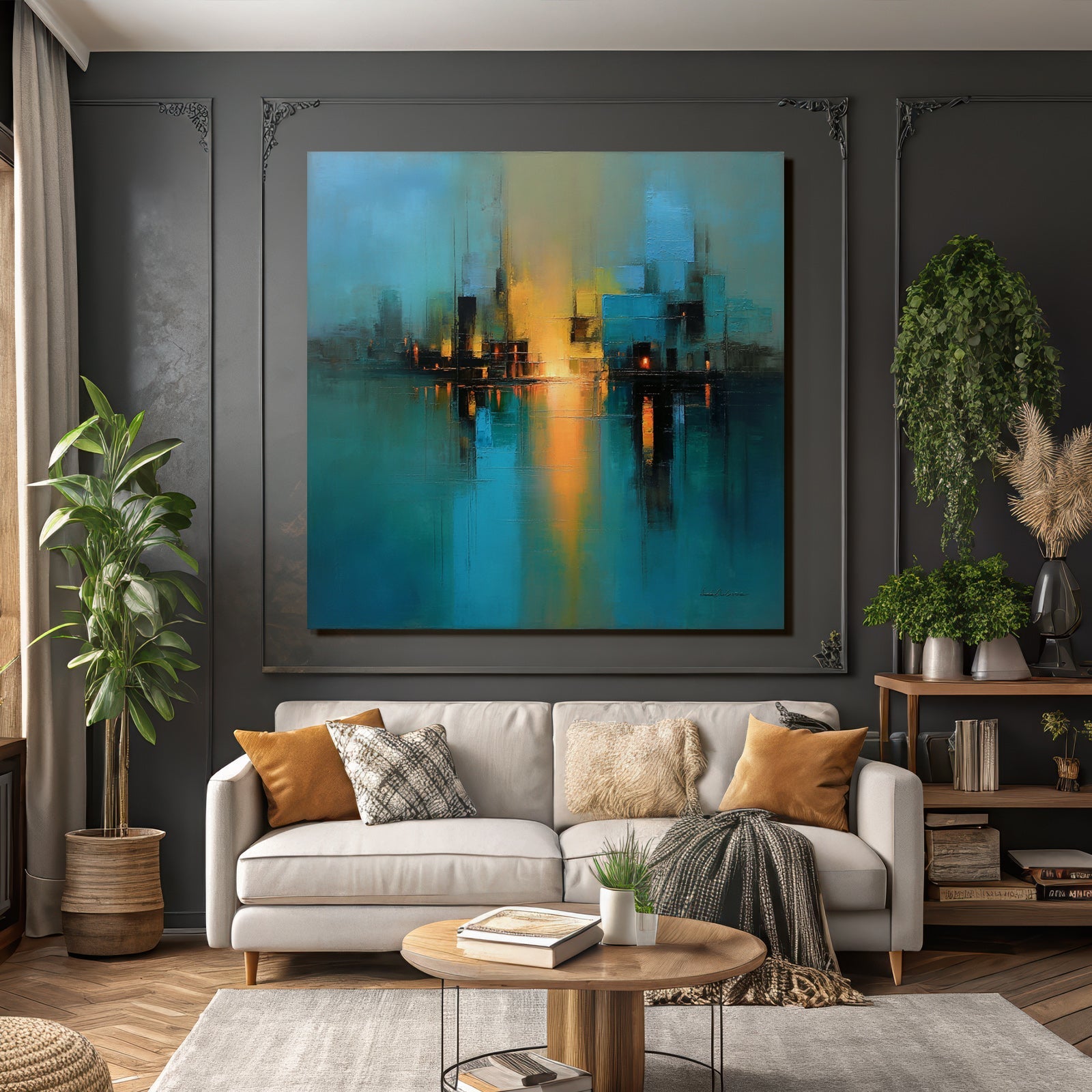 Abstraktes Gemälde Stadt Skyline Wasserfront Szene Blau Gelb Schwarz
