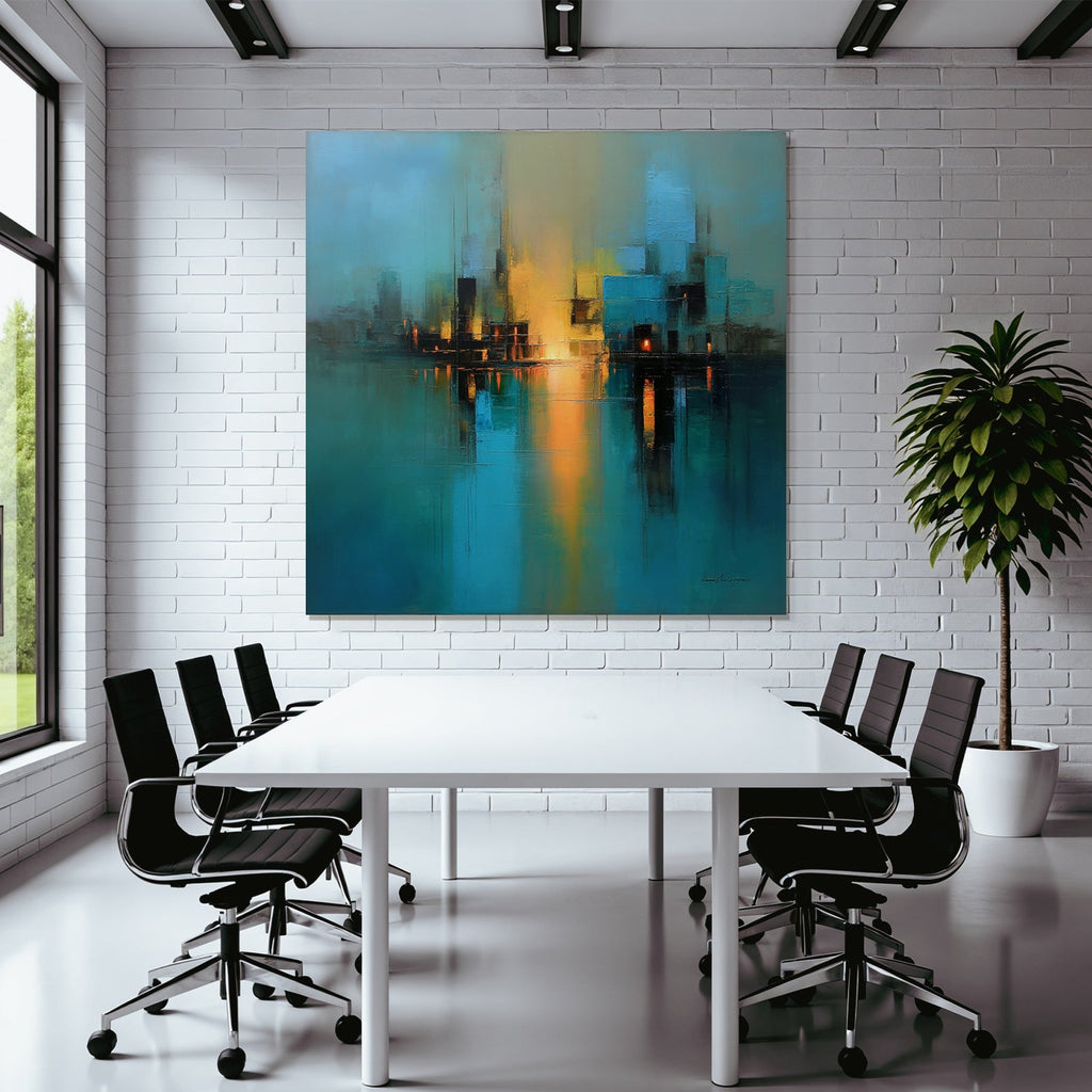 Abstraktes Gemälde Stadt Skyline Wasserfront Szene Blau Gelb Schwarz