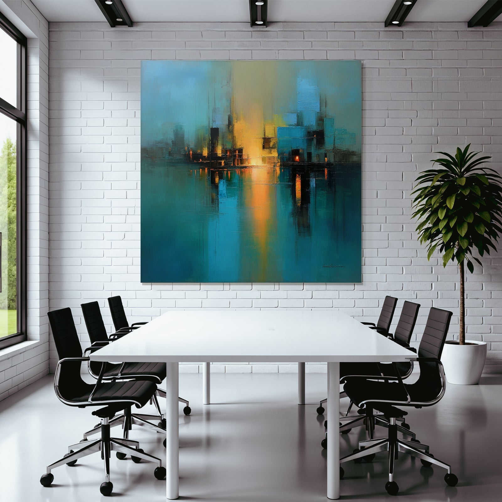 Abstraktes Gemälde Stadt Skyline Wasserfront Szene Blau Gelb Schwarz