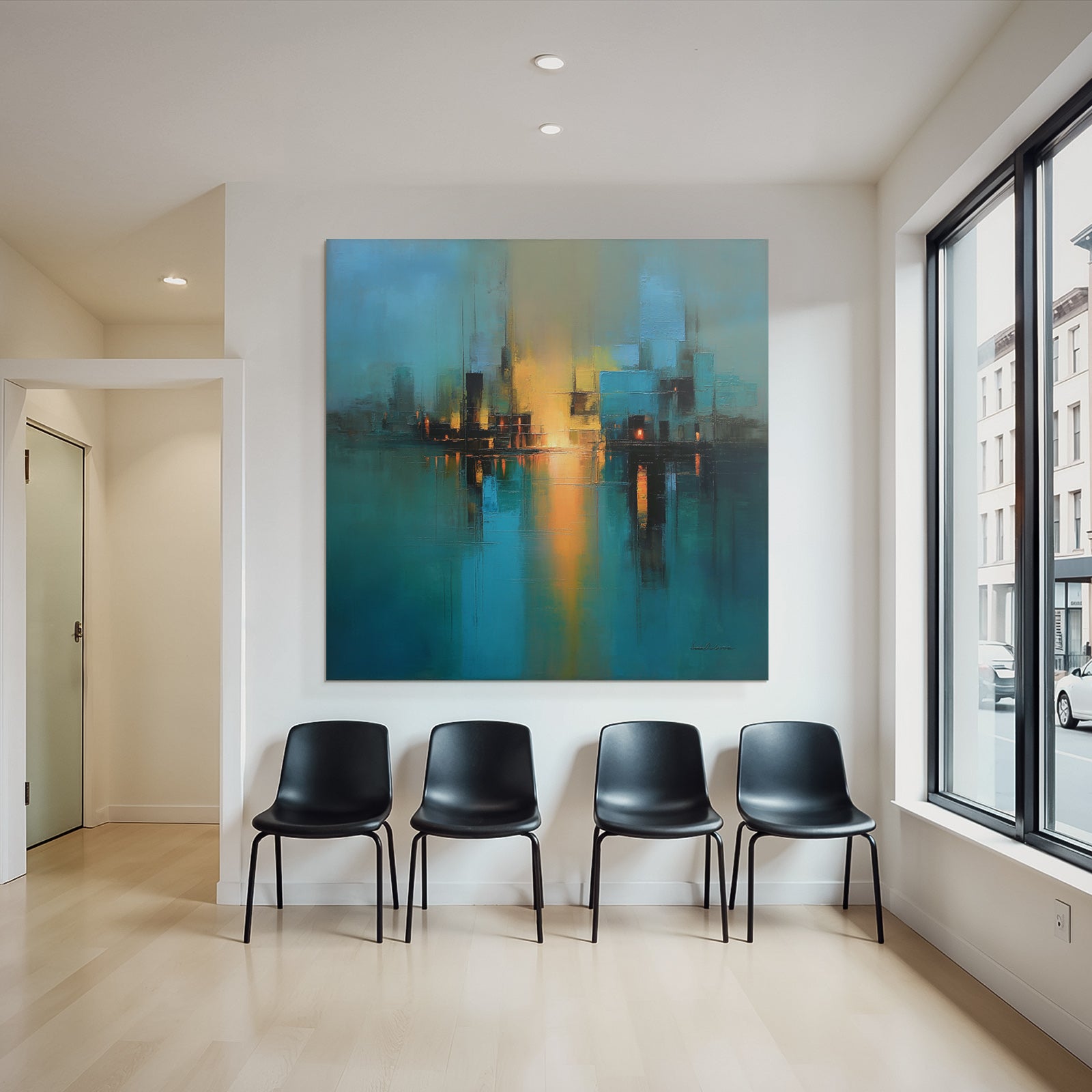 Abstraktes Gemälde Stadt Skyline Wasserfront Szene Blau Gelb Schwarz